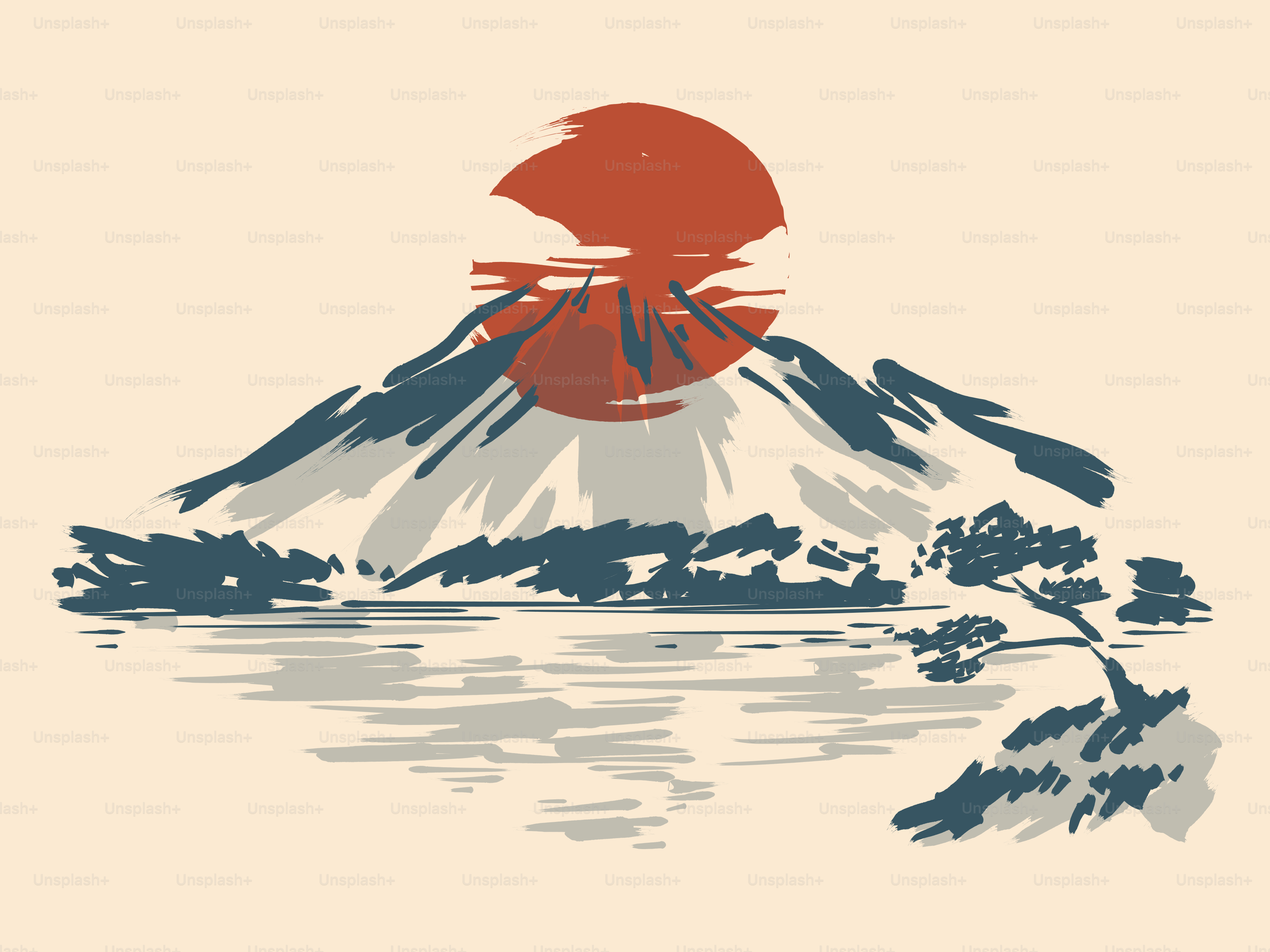Mount fuji with sun rising over water.
