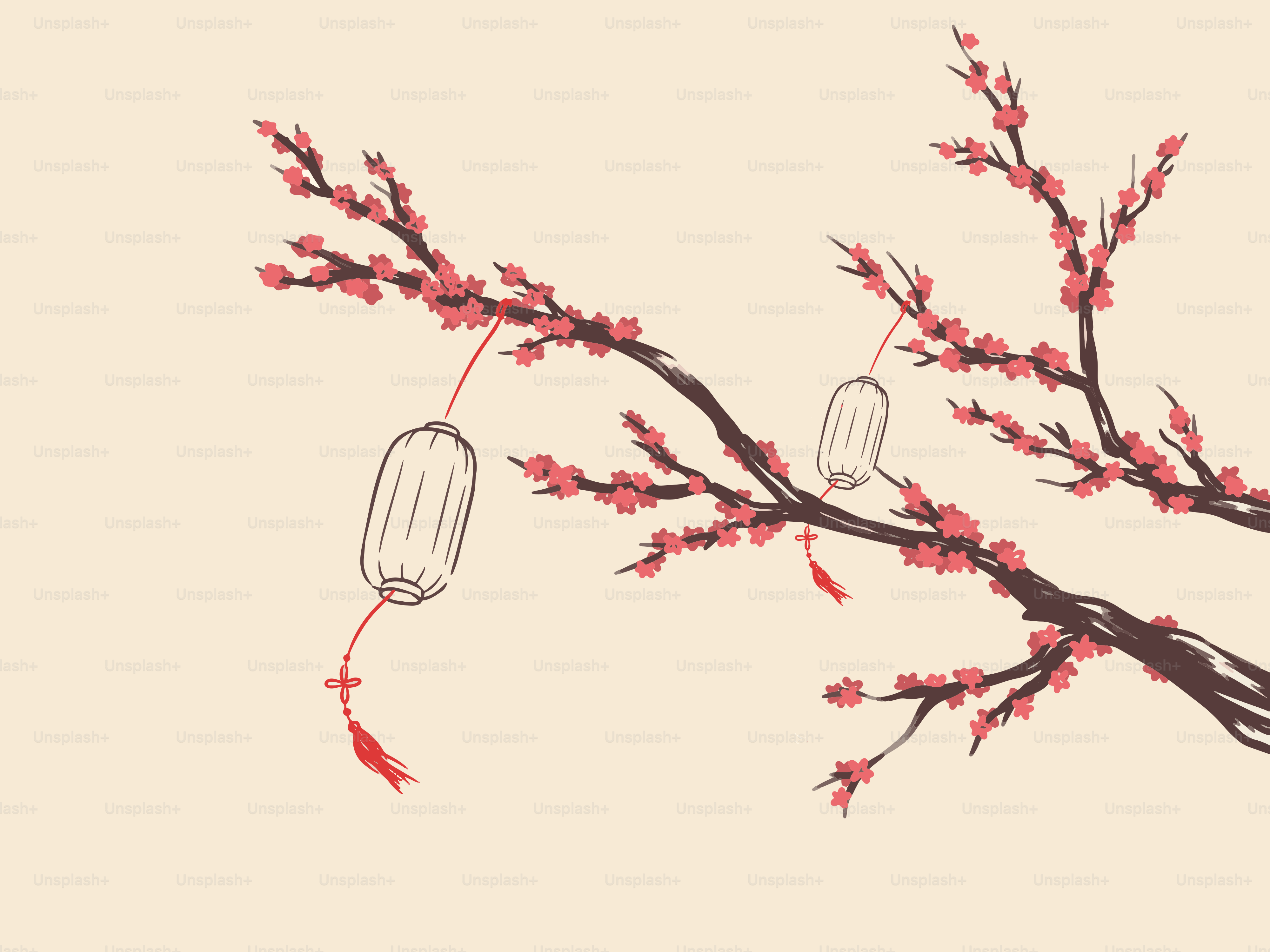 Cerezos en flor con faroles sobre fondo beige