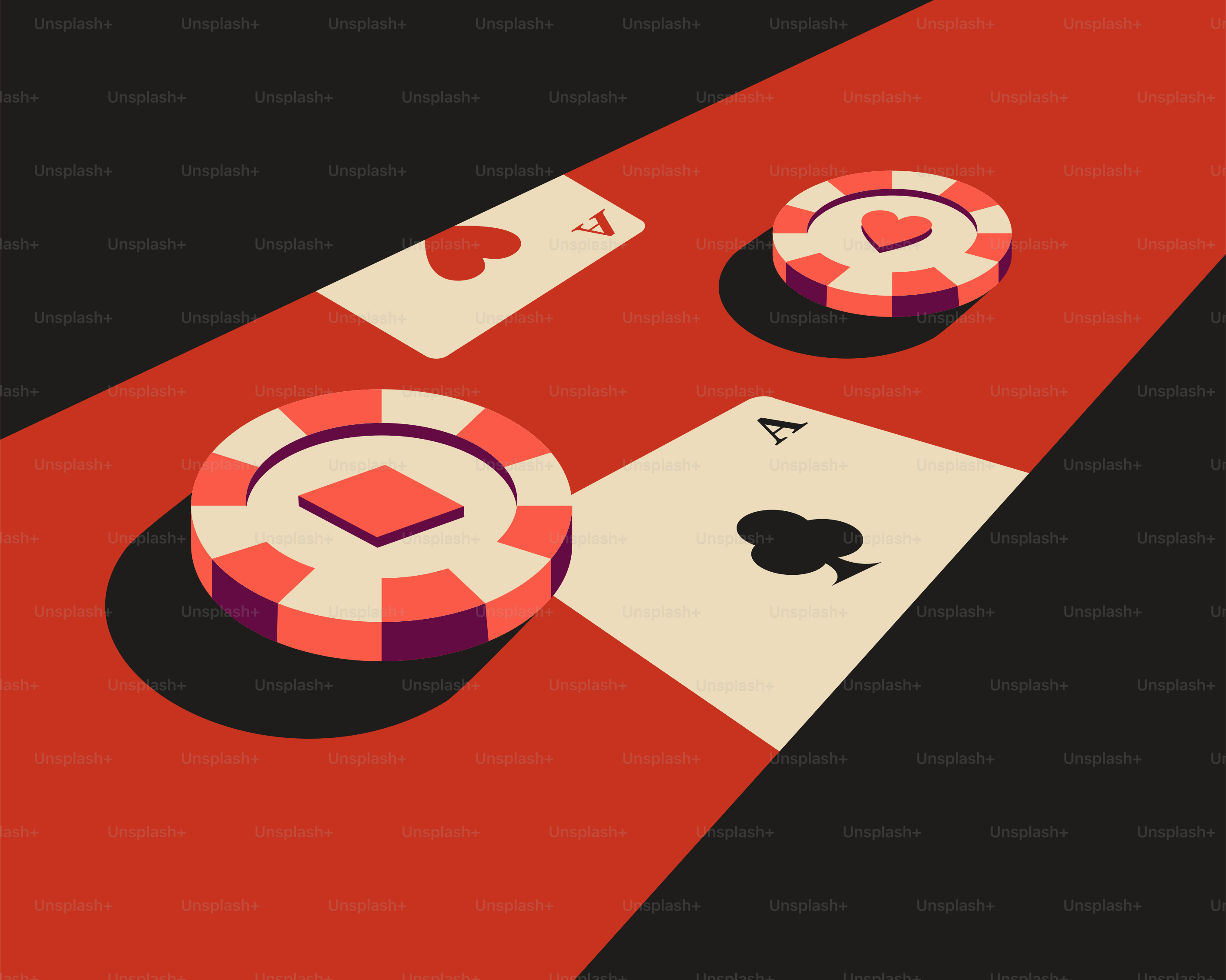Due assi e fiches da casinò su una superficie rossa