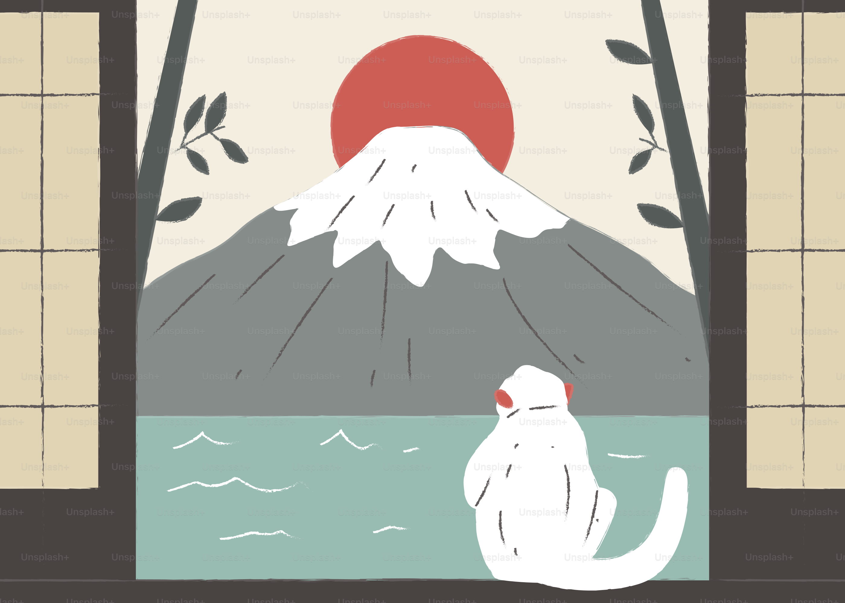 White cat looks at mount fuji through window