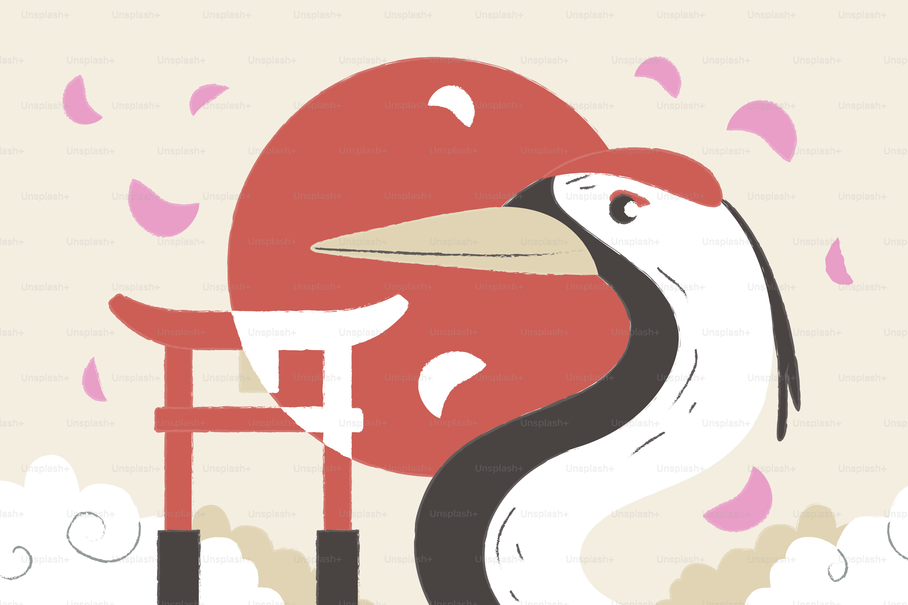 Japanese crane with torii gate and cherry blossoms