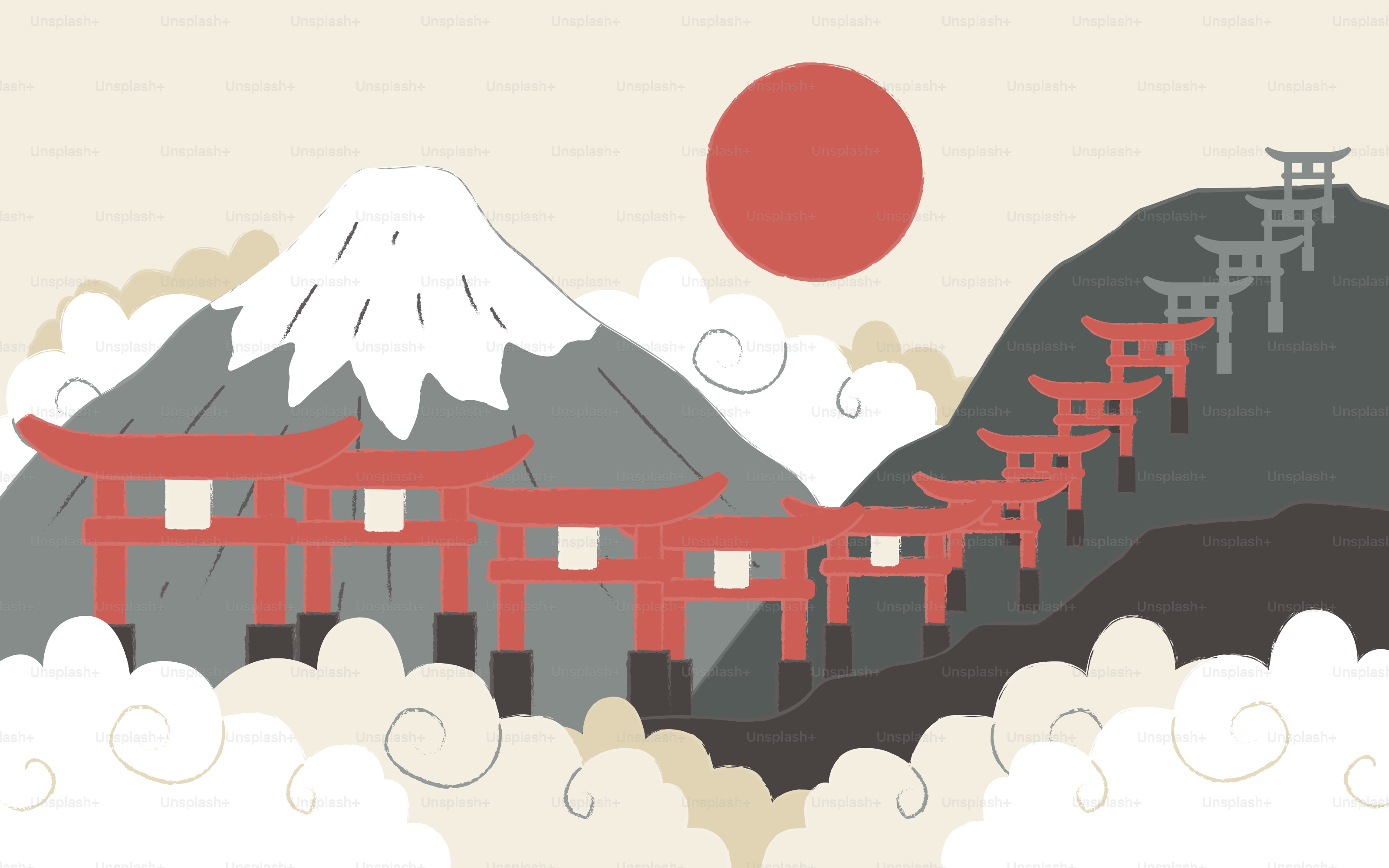 Mount fuji with red torii gates and sun