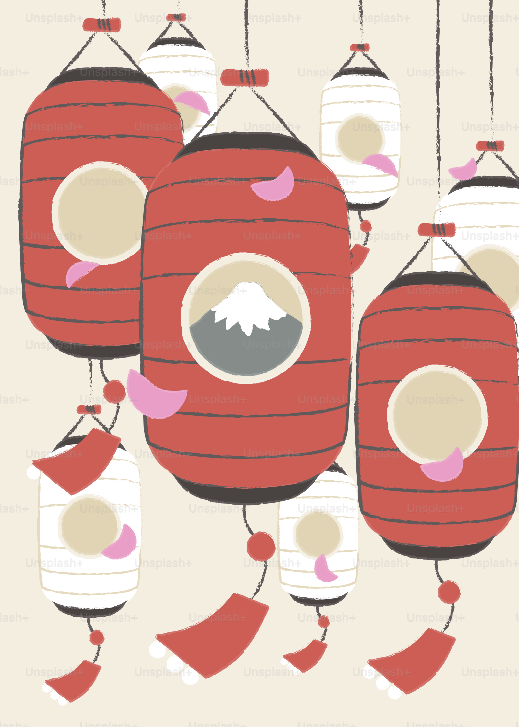 Red and white lanterns with mountain designs