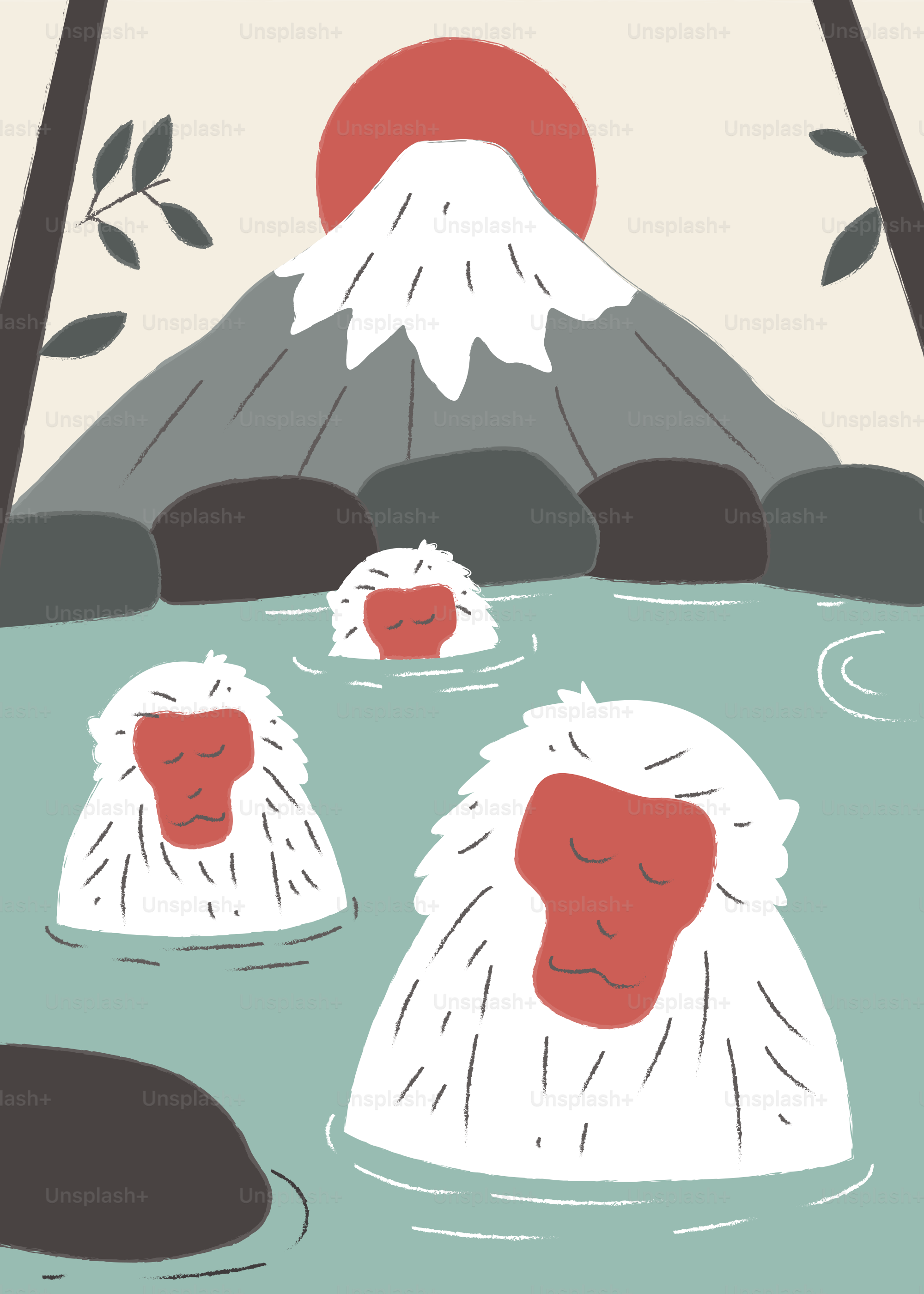 Monkeys bathing in hot springs with mountain background