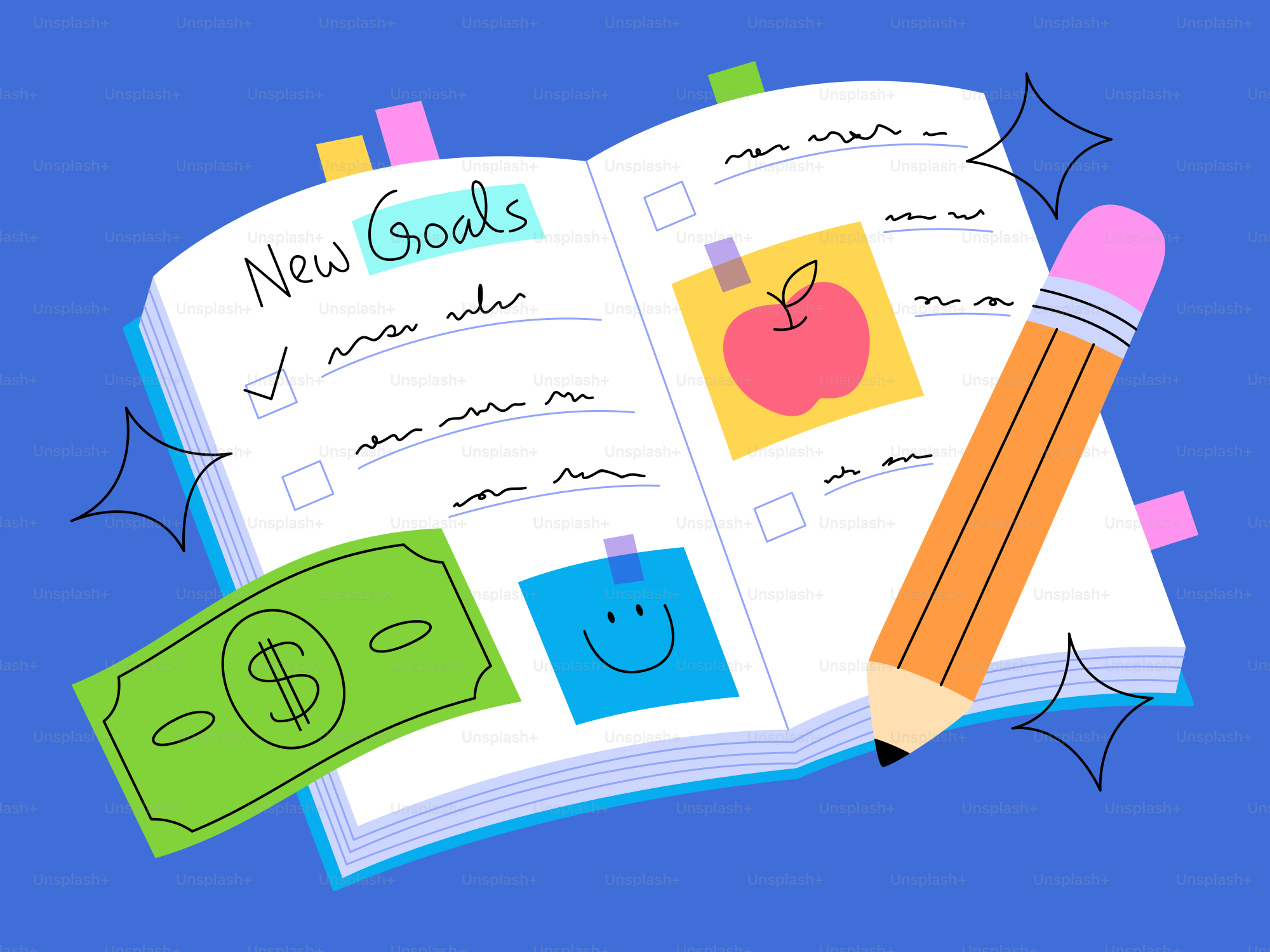 新しい目標、アップル、お金を入れたオープンノート。