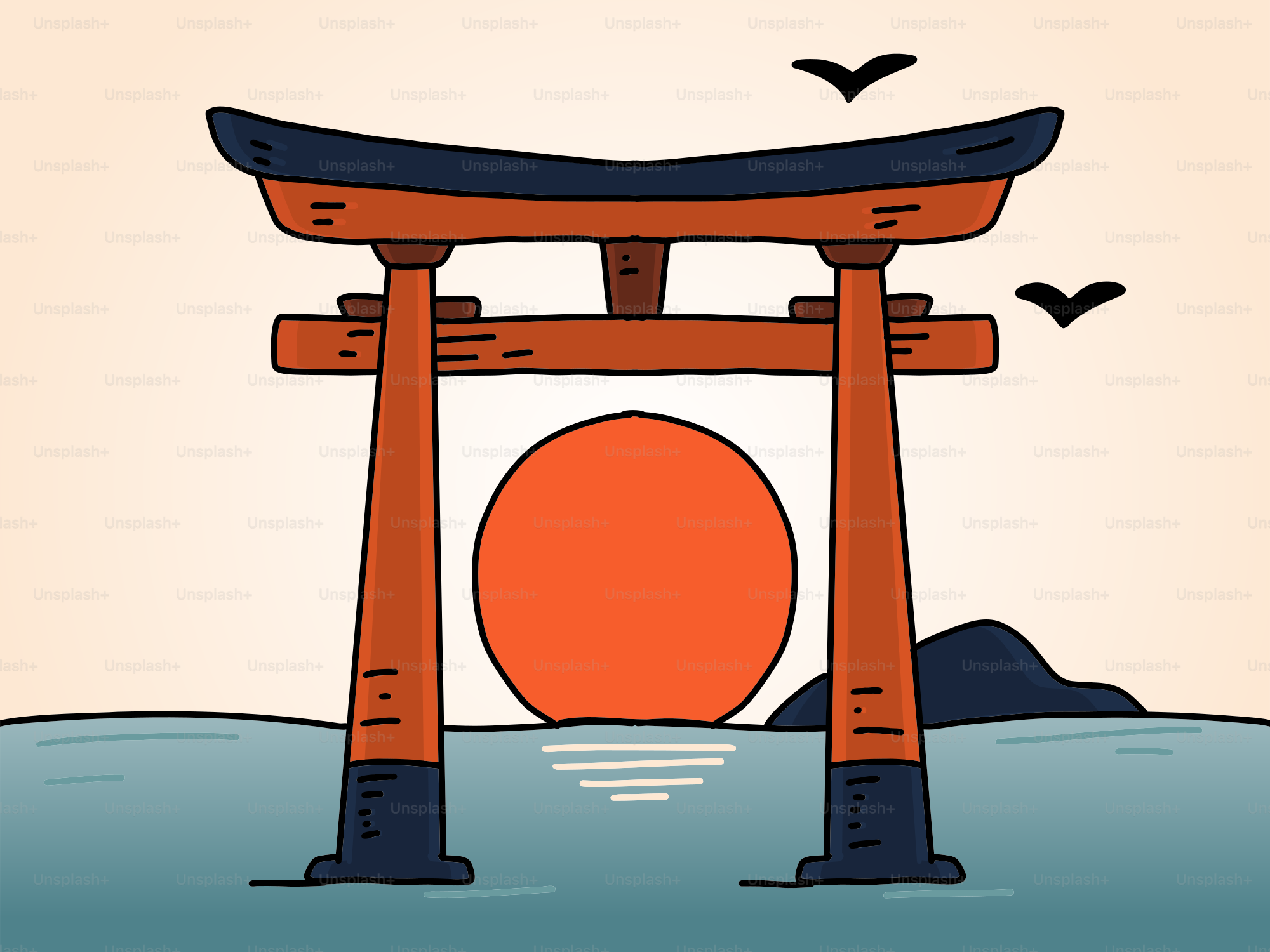 Torii gate at sunset over the ocean.