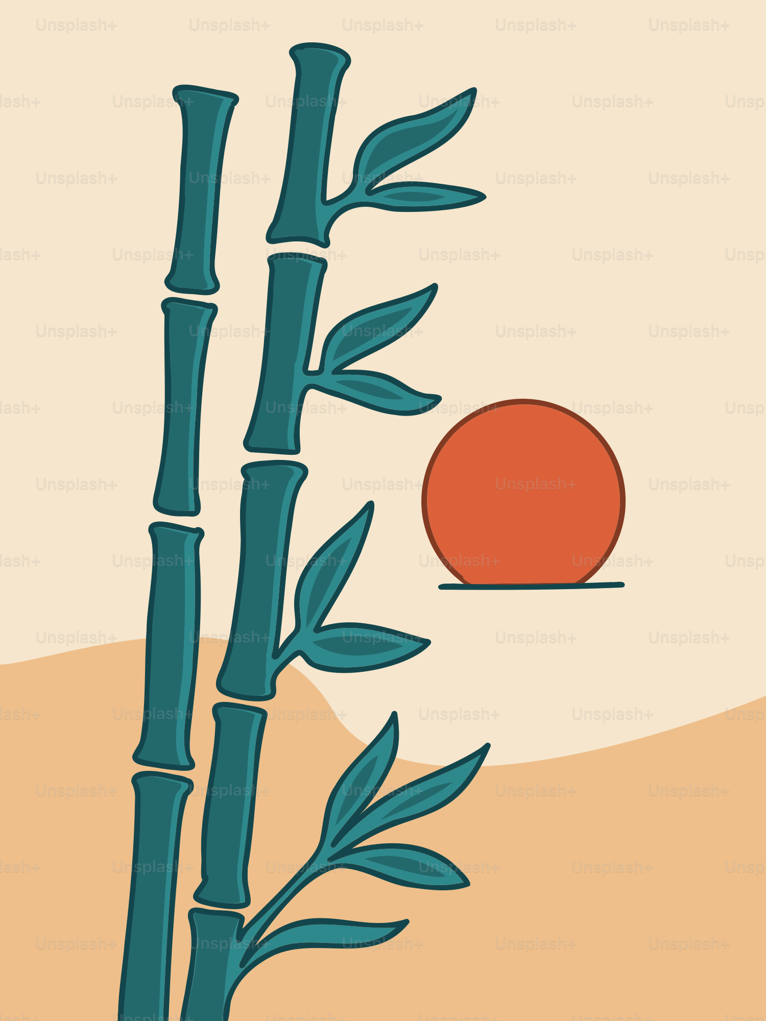 Bamboo stalks with a setting sun