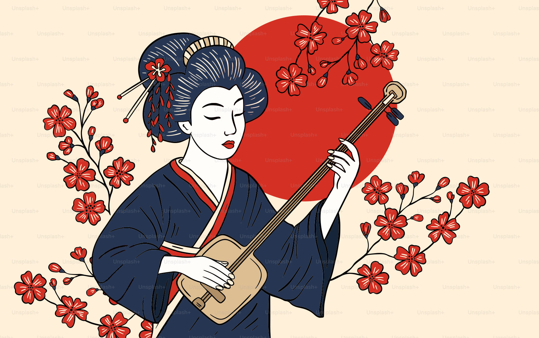 Geisha playing shamisen with cherry blossoms and sun.