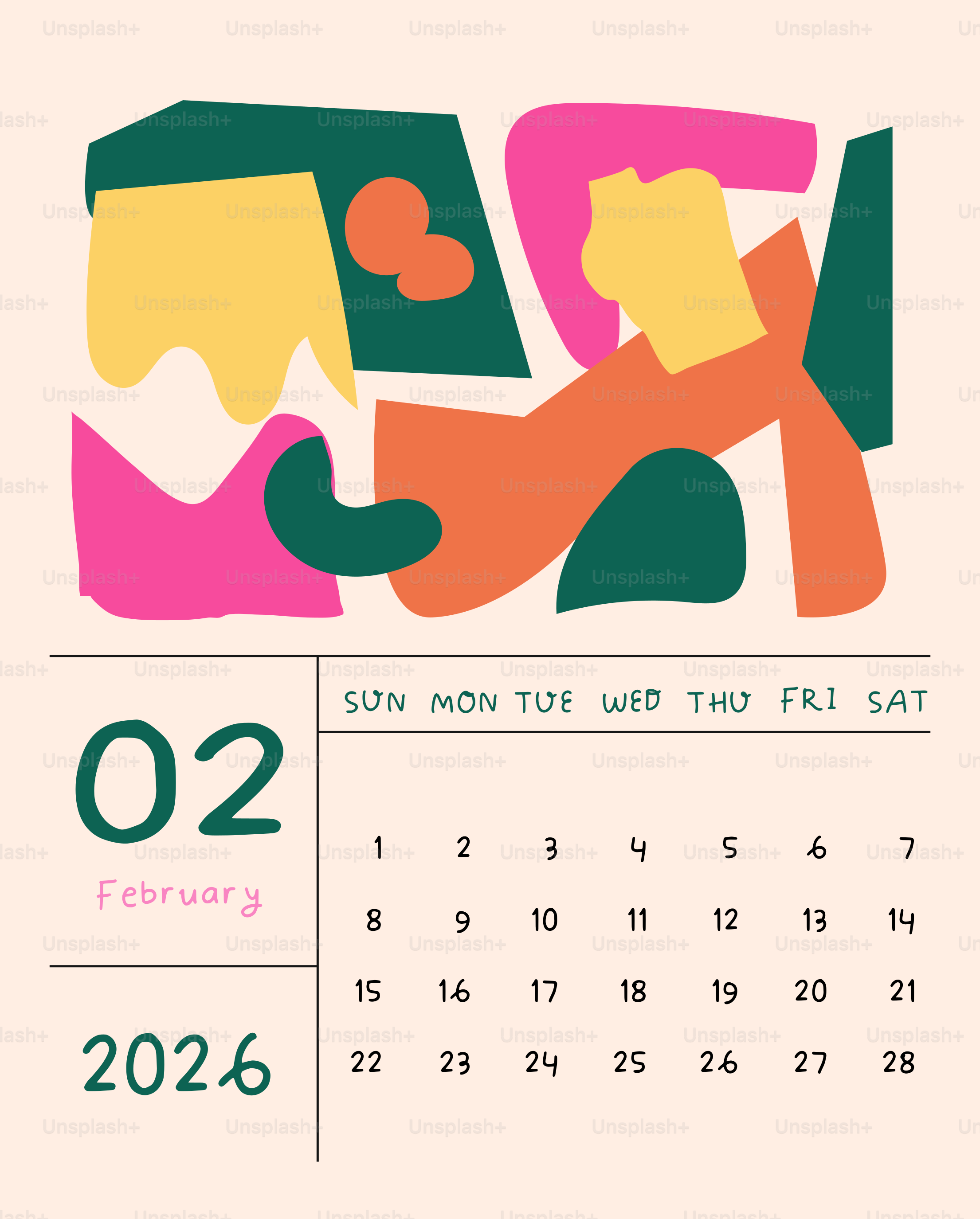 Abstract art calendar for february 2026