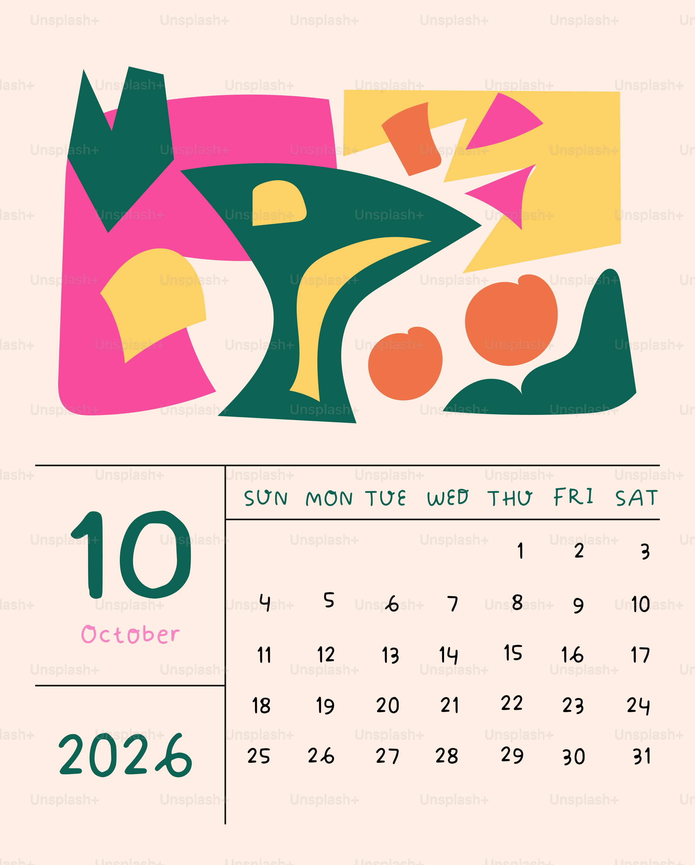 Abstract shapes and october 2026 calendar