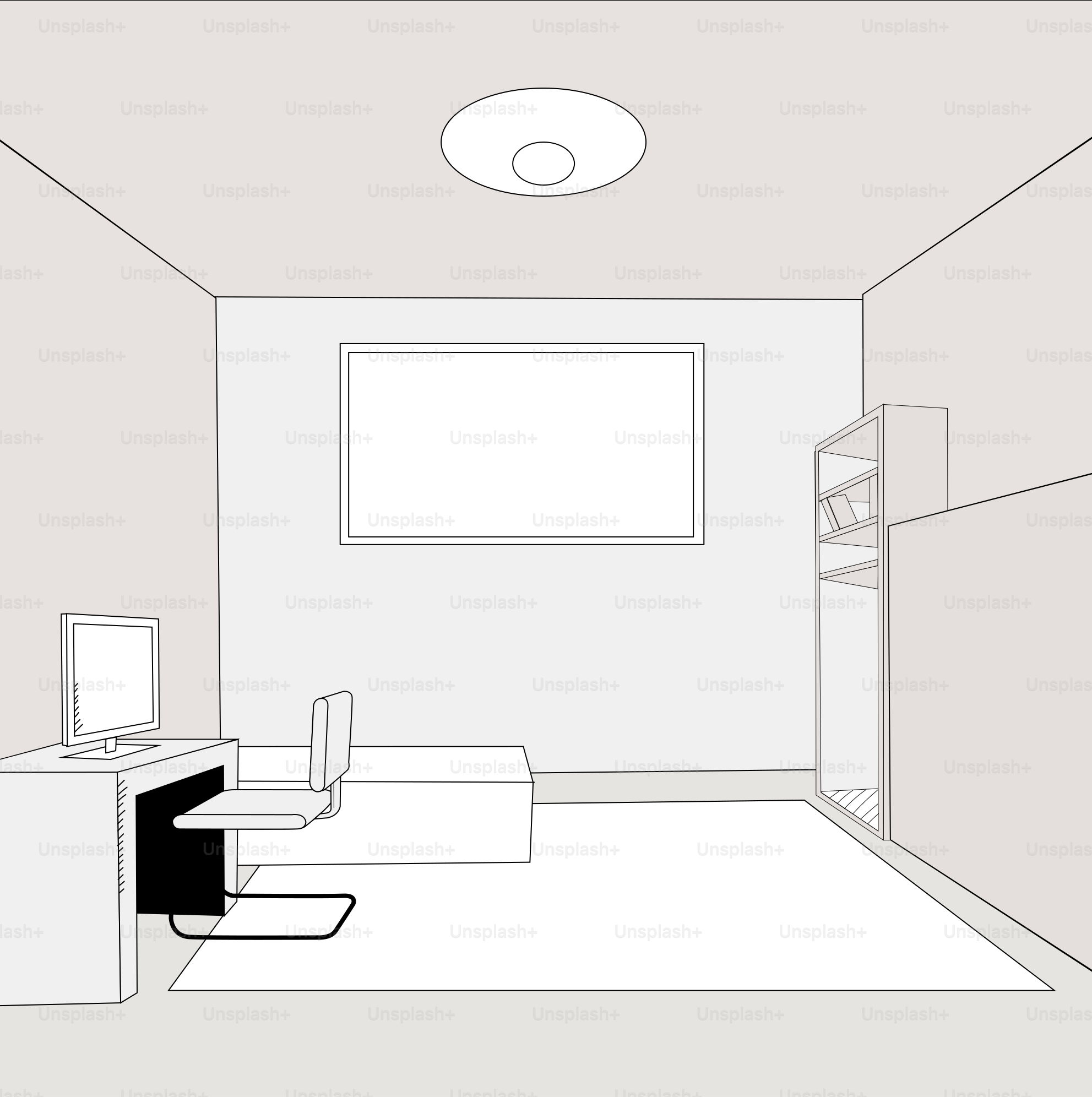 책상과 침대가 있는 미니멀한 방.