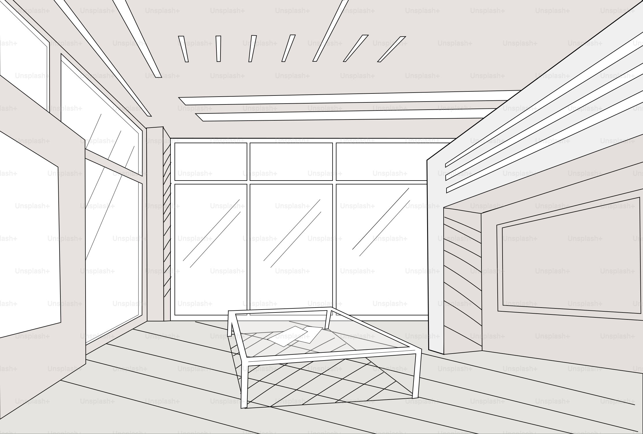 큰 창문과 가구가 있는 현대적인 인테리어 디자인 스케치.