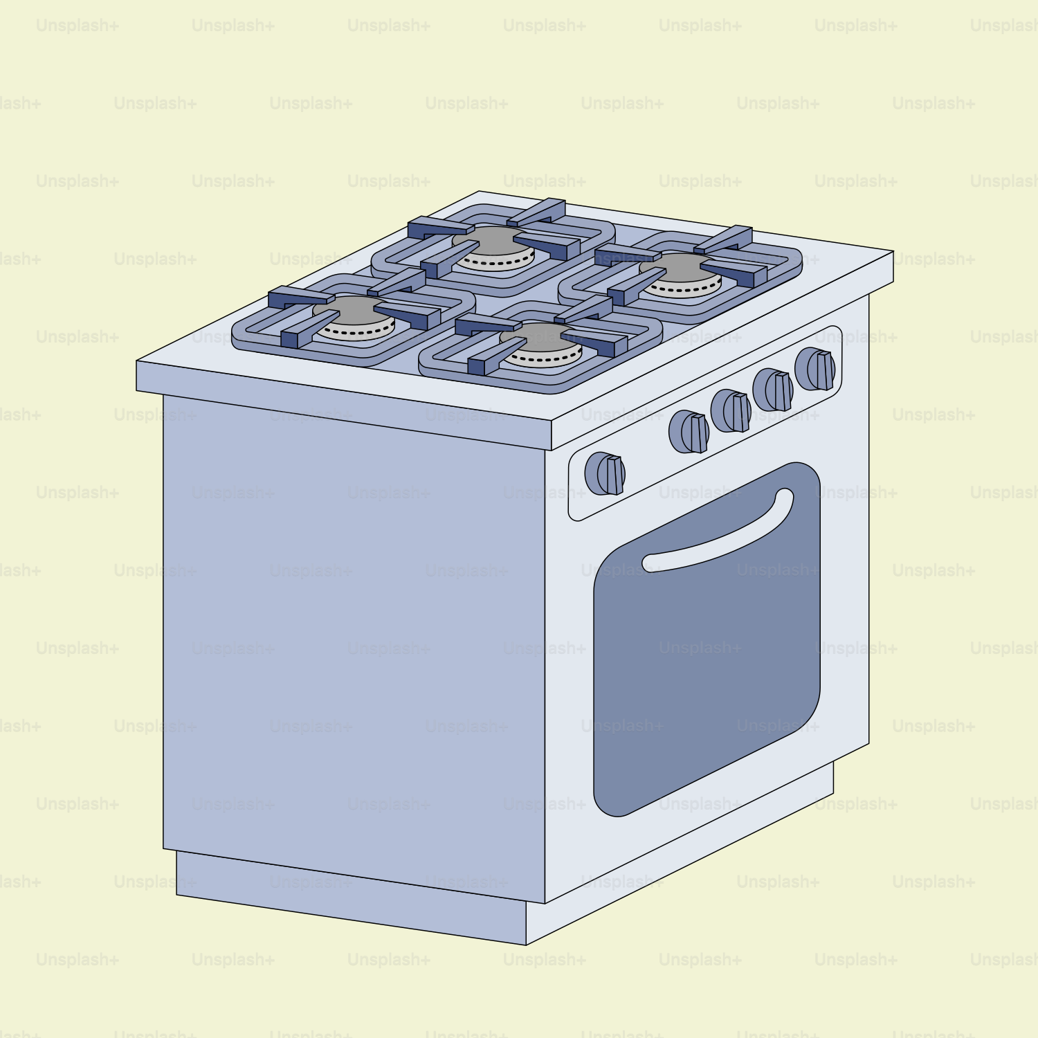 위에 버너 네 개가 있는 흰색 가스 난로.