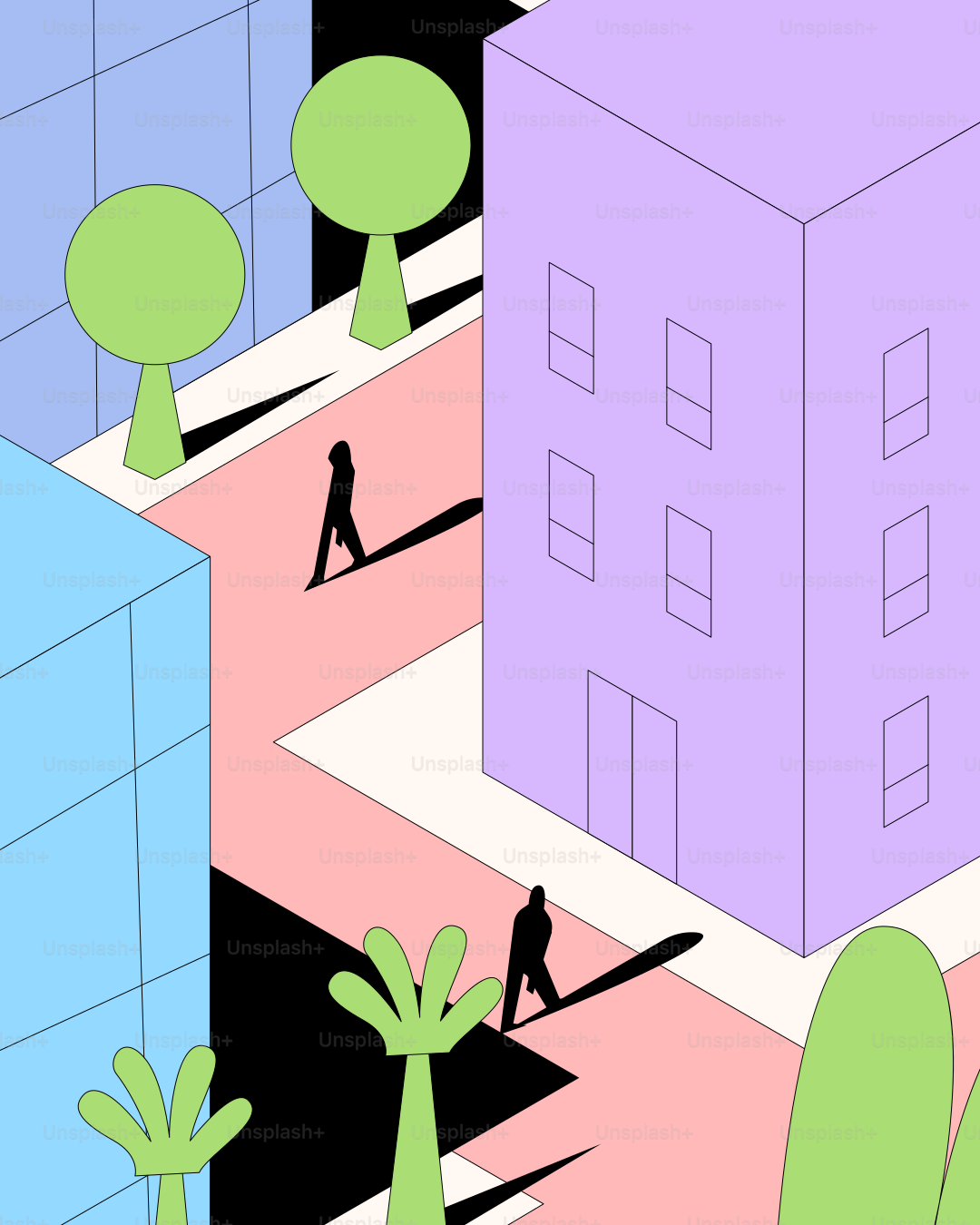 사람들과 건물이 있는 스타일화된 도시 거리