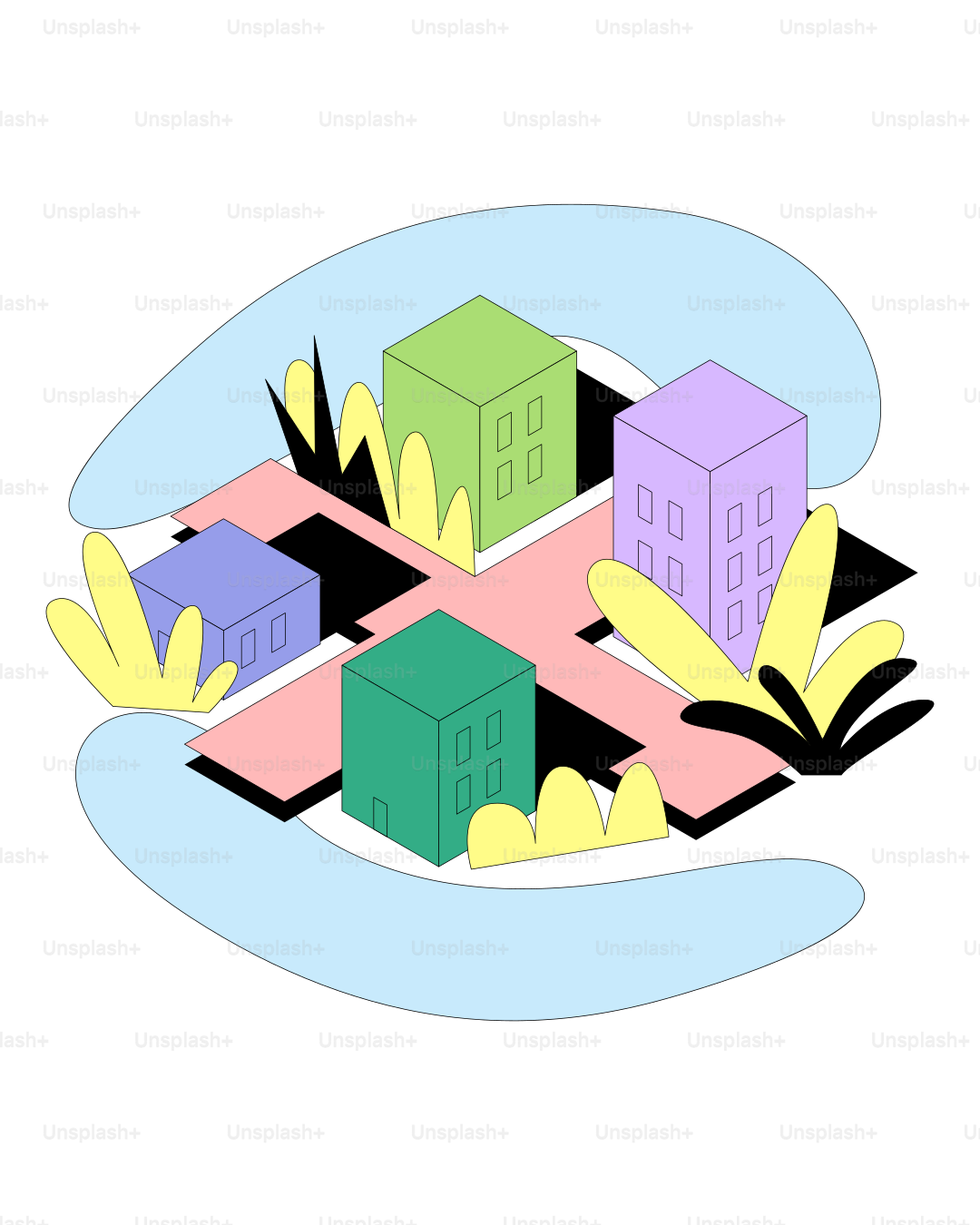 양식화된 식물과 형태가 특징인 추상적인 등각 투영 건물들