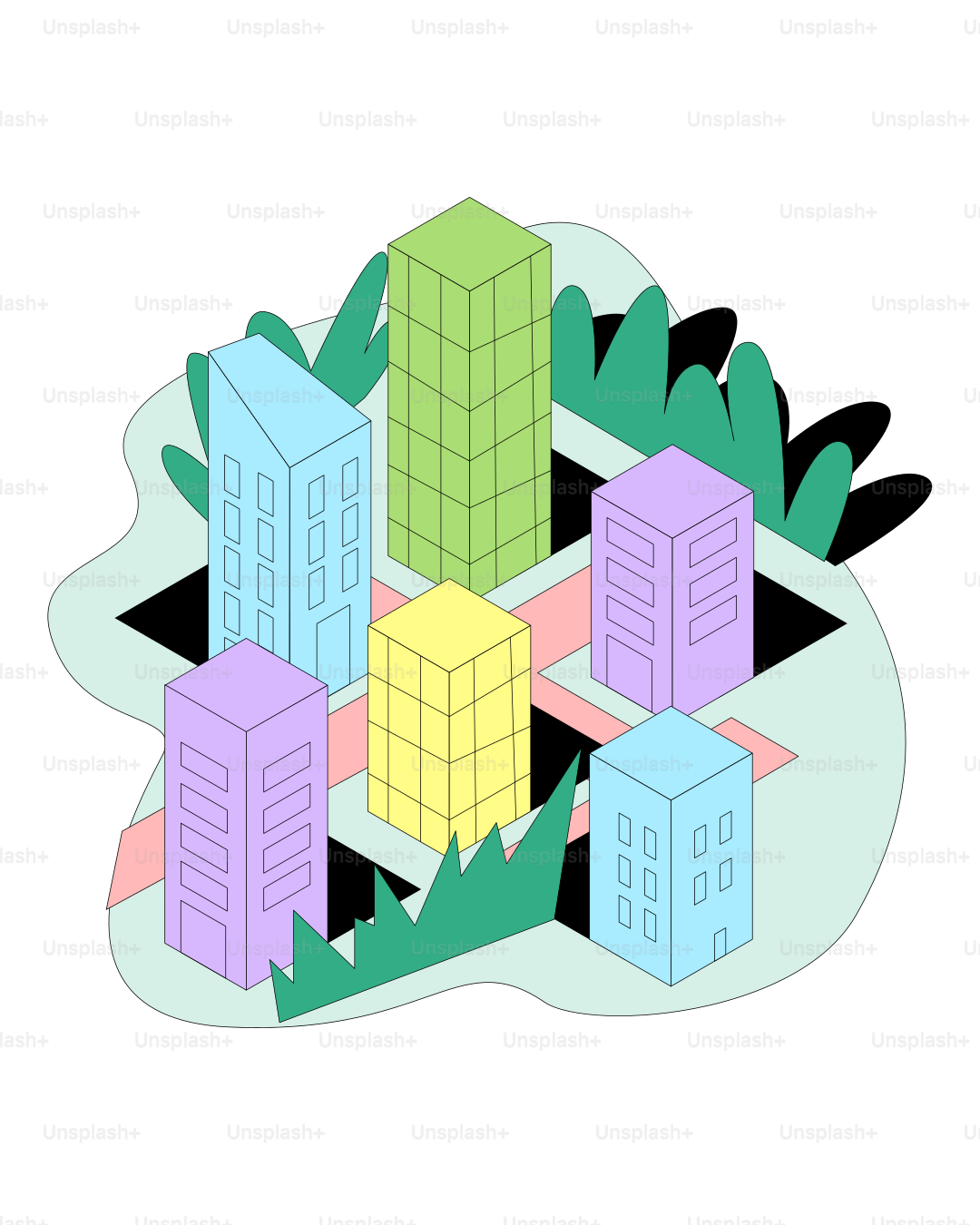 추상적인 녹색 형태로 둘러싸인 다채로운 등각 투영 건물들.
