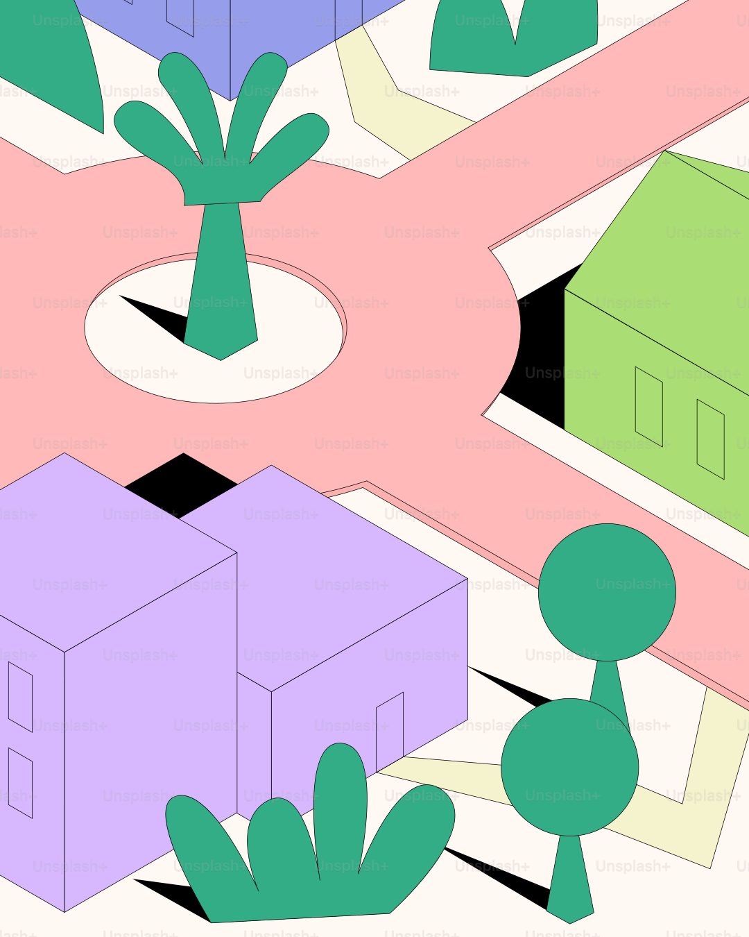 파스텔 건물과 나무가 있는 추상적인 등각 투영 도시 경관
