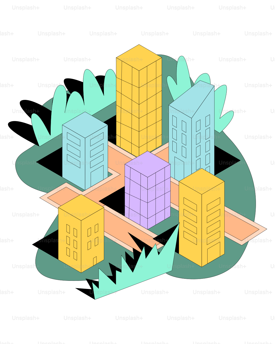 추상적인 식물이 있는 양식화된 등각 투영 건물들