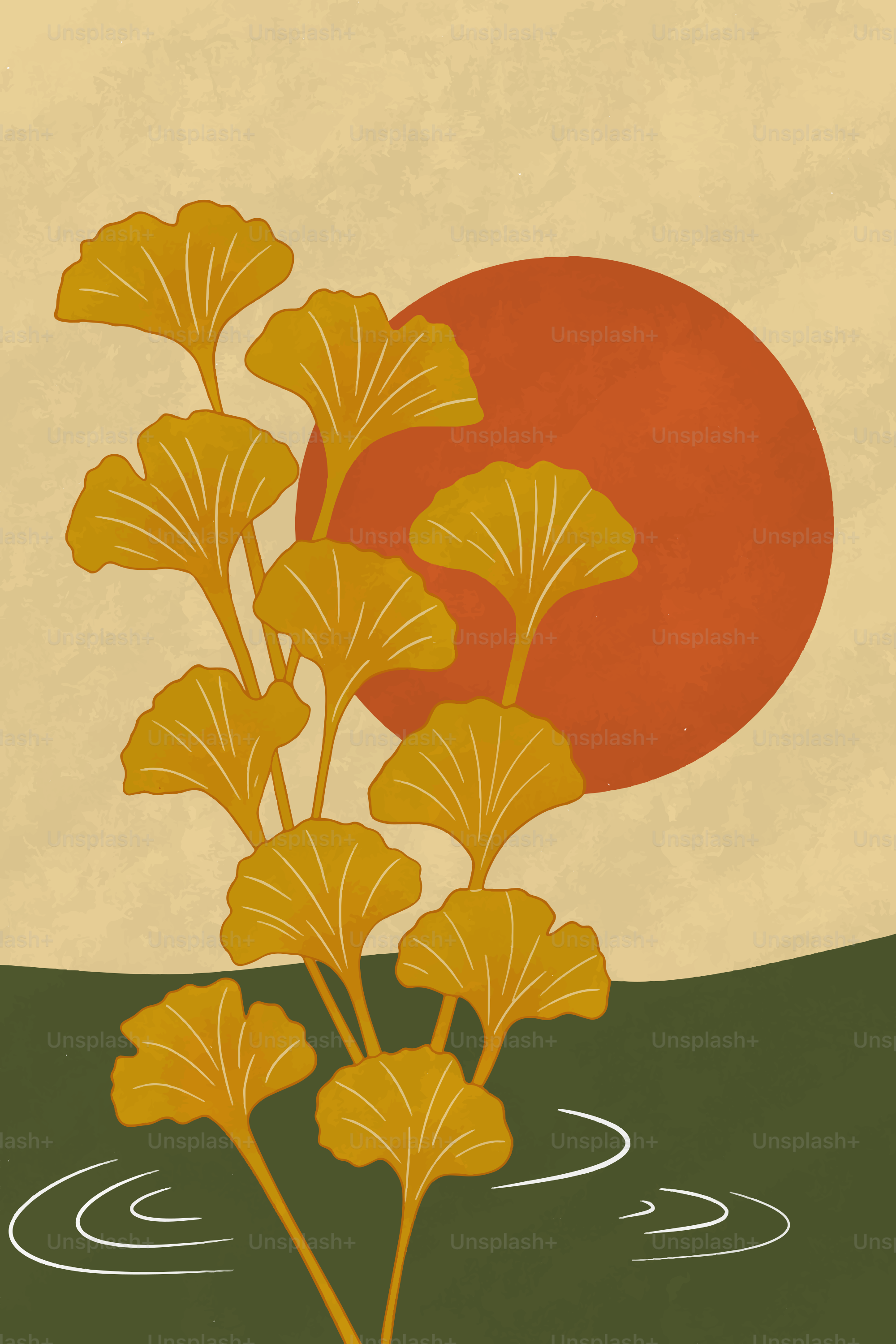 Yellow ginkgo leaves with a red sun and water.