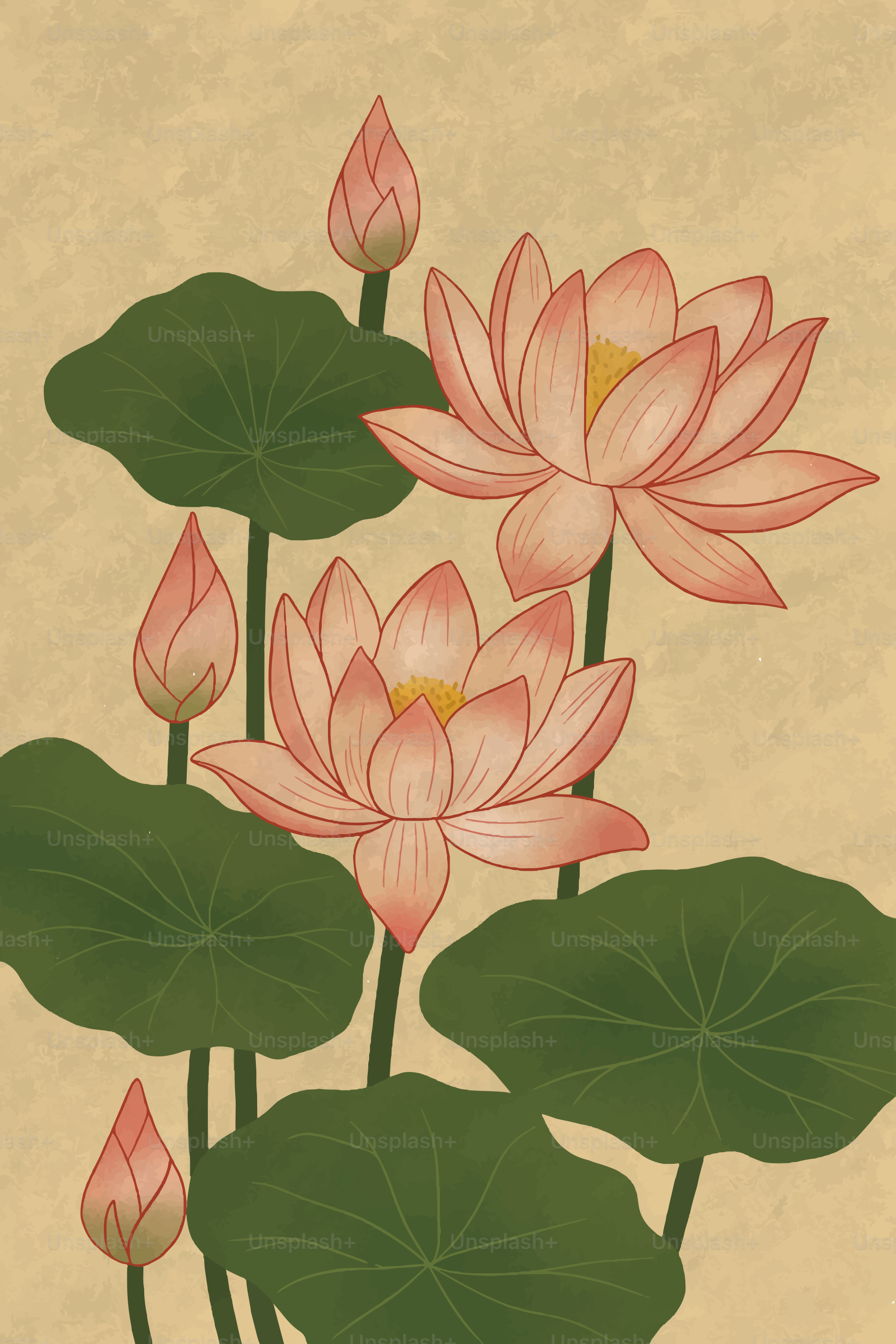 Flores e botões de lótus rosa com folhas verdes.