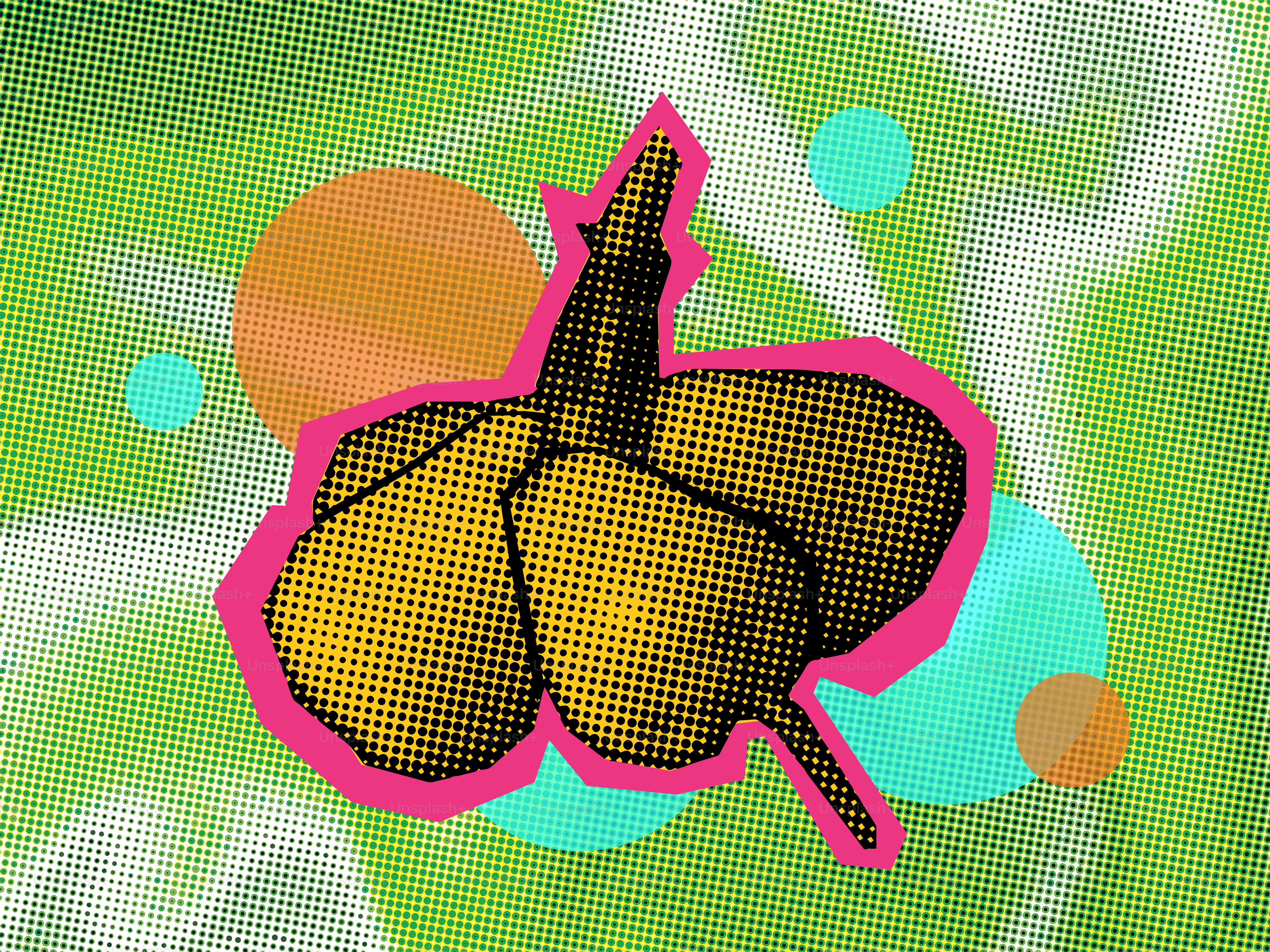 Three yellow pears with pink outline on green background