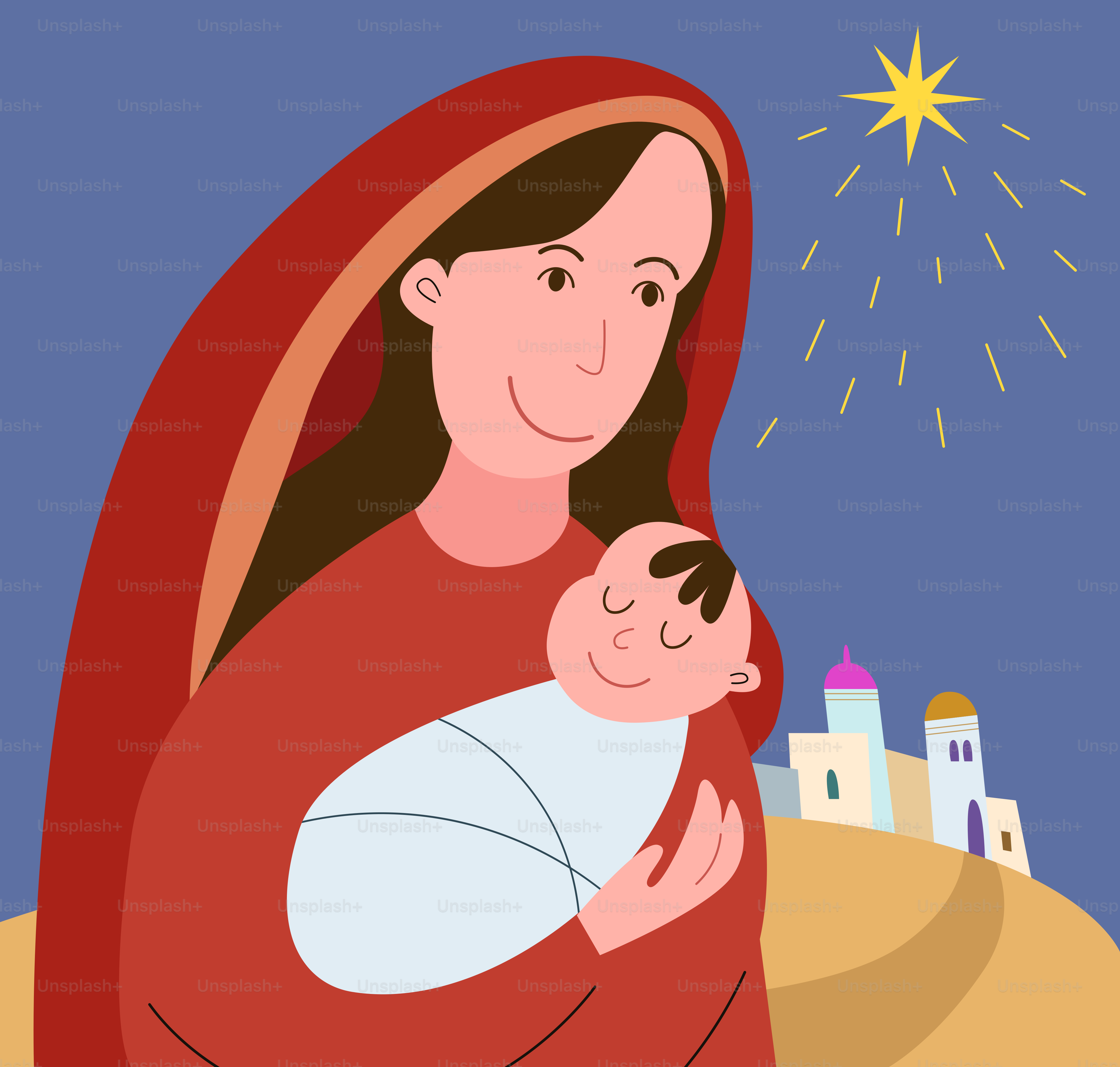 Mother holding a sleeping baby under a star.