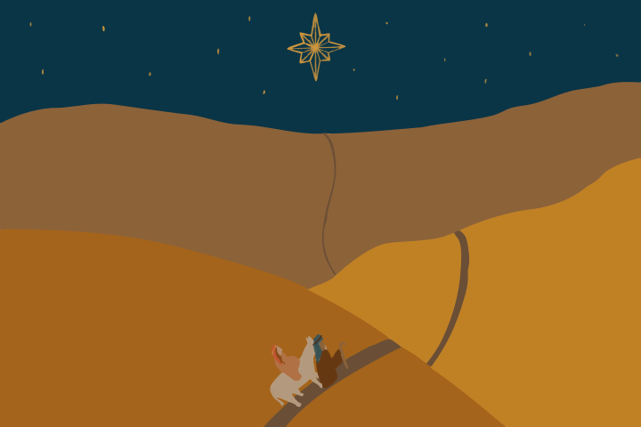 Star of bethlehem over desert landscape with travelers