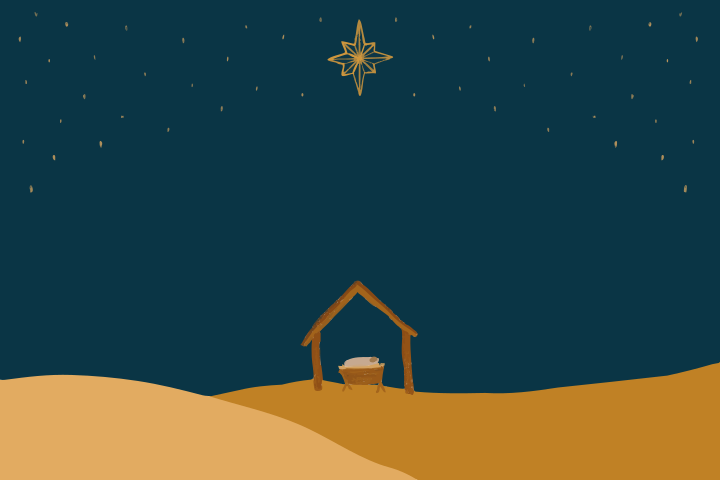 Nativity scene with star over stable