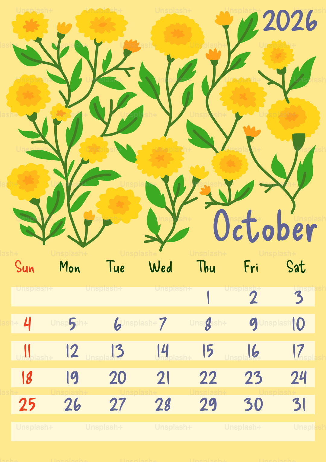Kalender Oktober 2026 dengan bunga kuning
