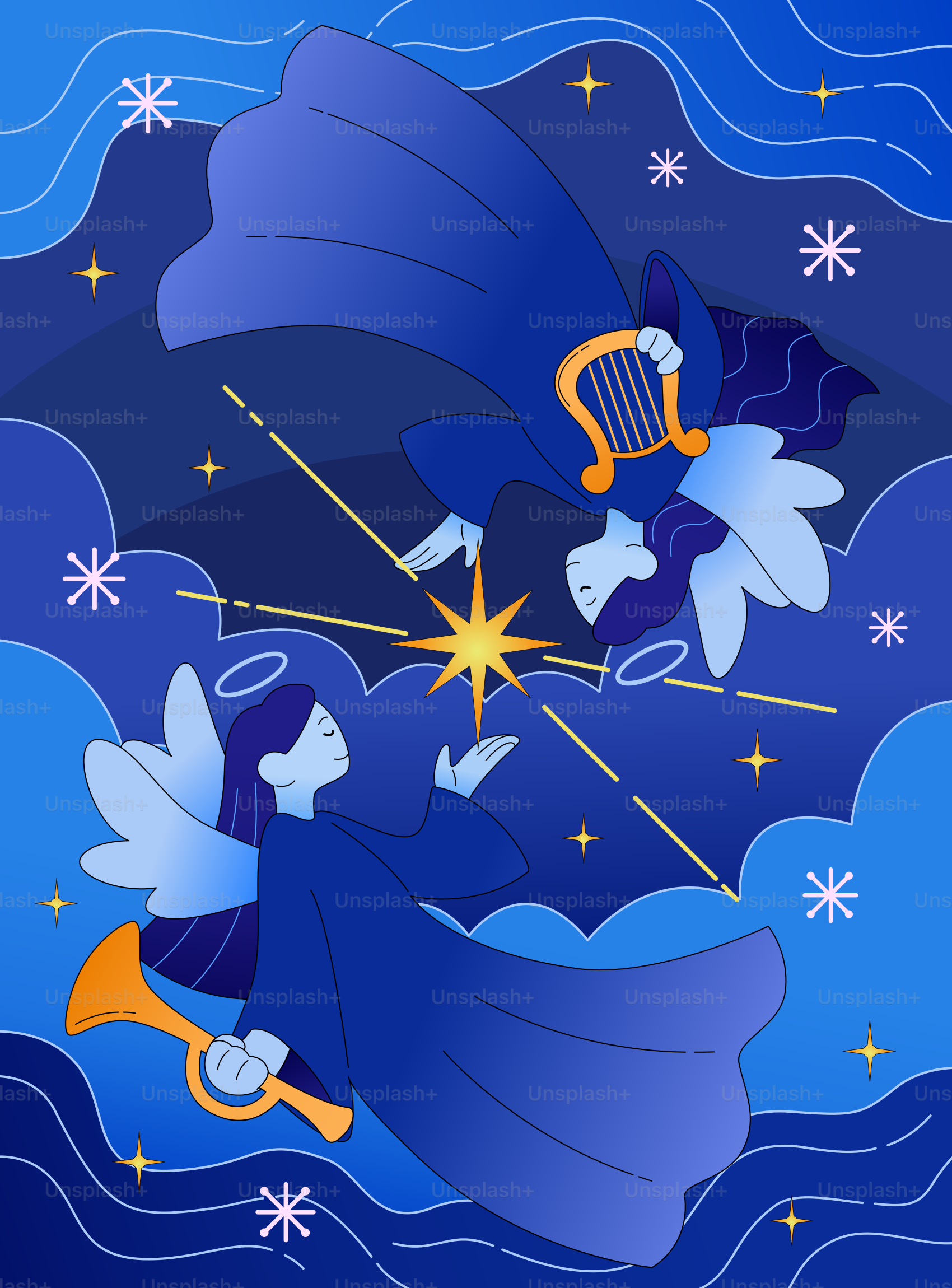 Two angels playing instruments under starry sky.
