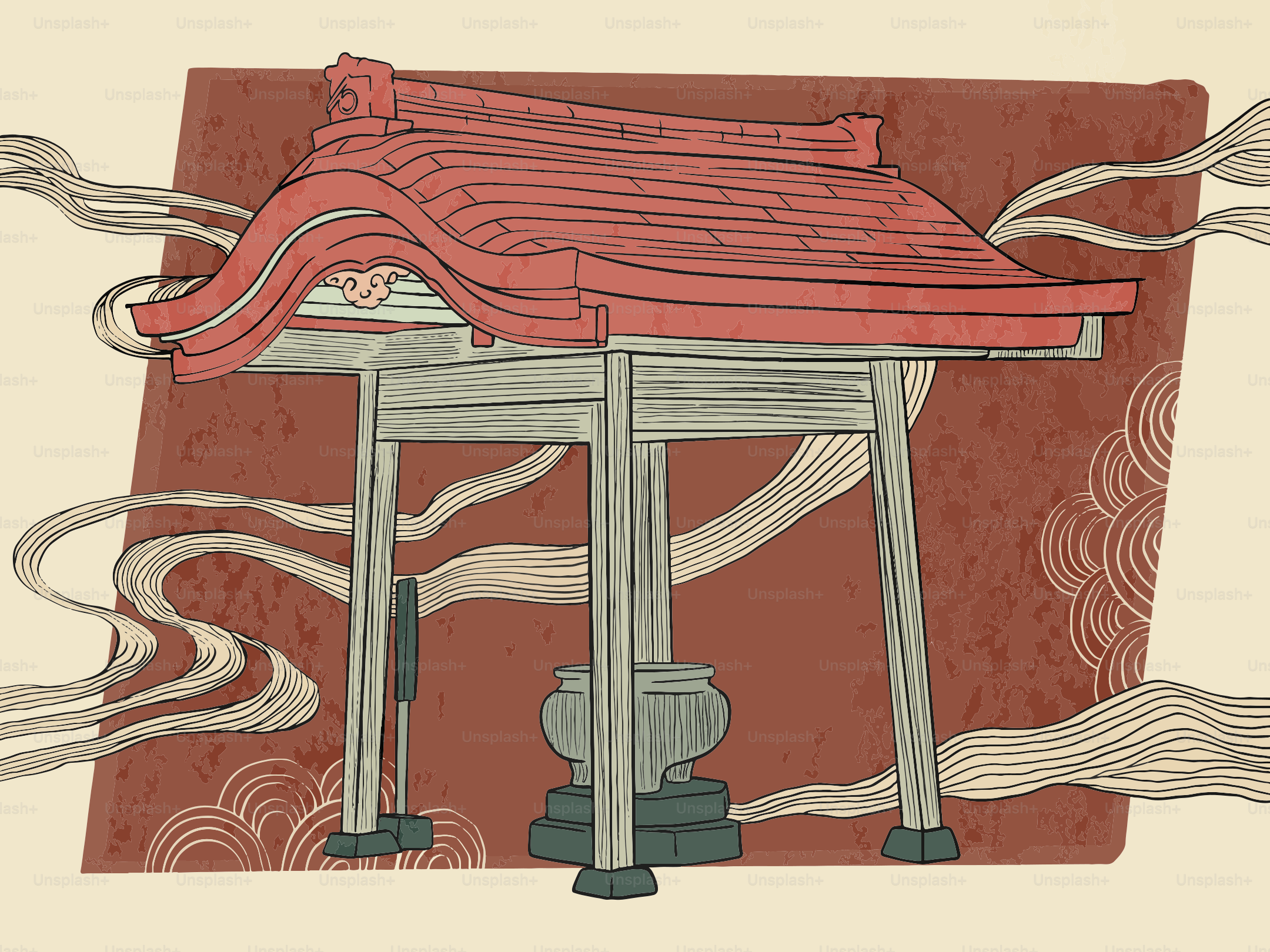 Puerta tradicional japonesa de santuario con techo rojo