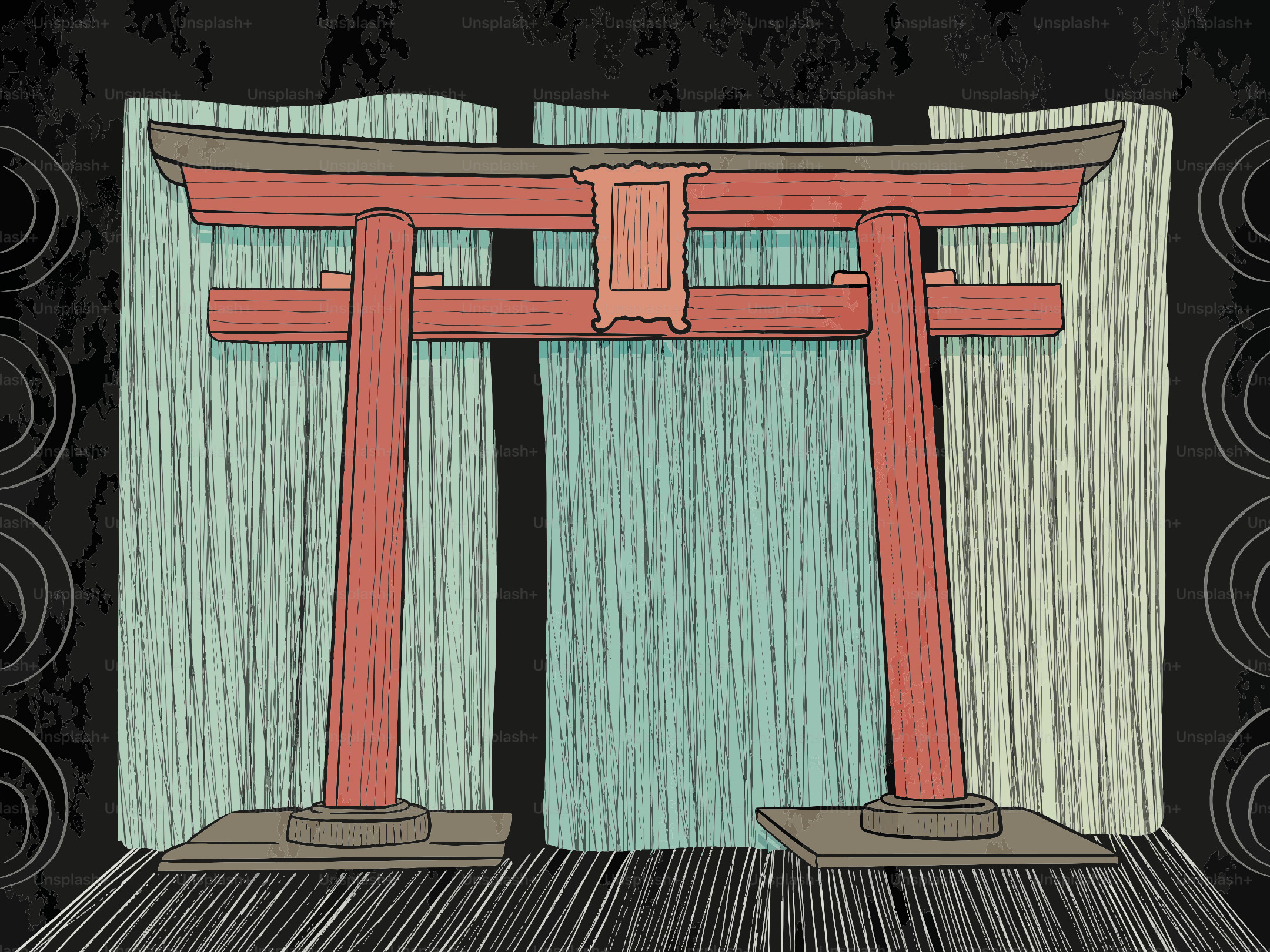 A red torii gate with a textured background