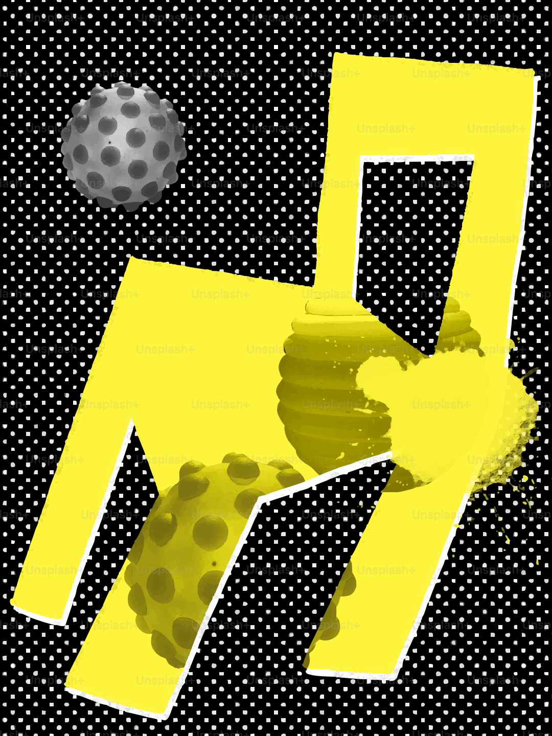 Yellow abstract chair with textured spheres on dotted background vector ...
