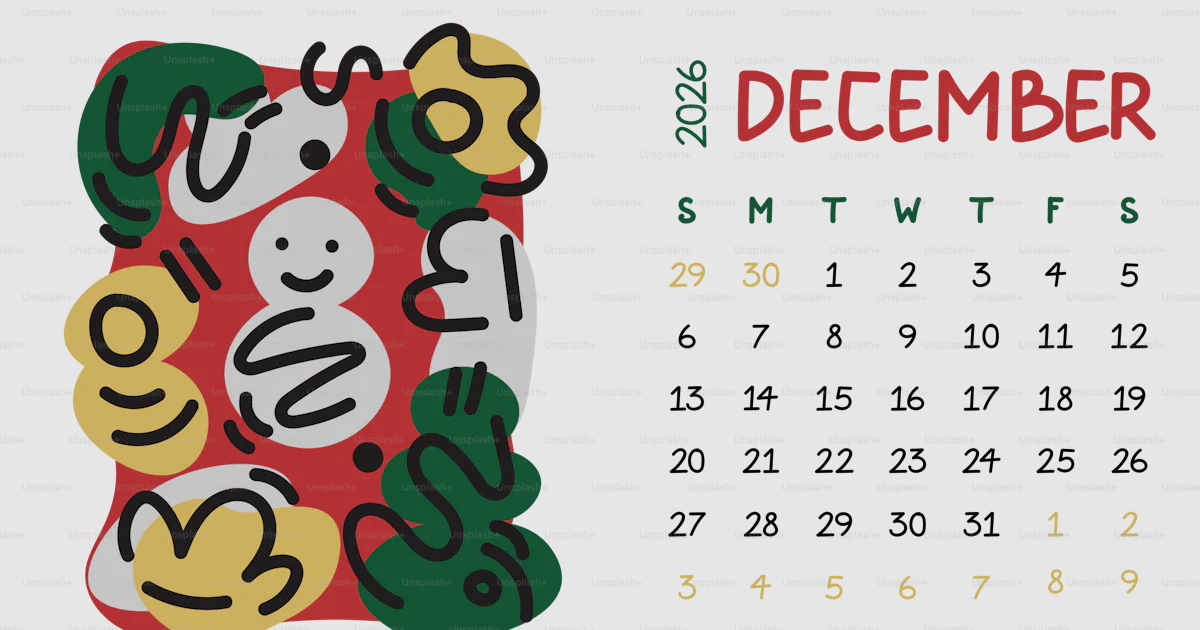 Desember Vector Vektor Kalender Desember 2026 dengan bentuk meriah abstrak – Gambar ...