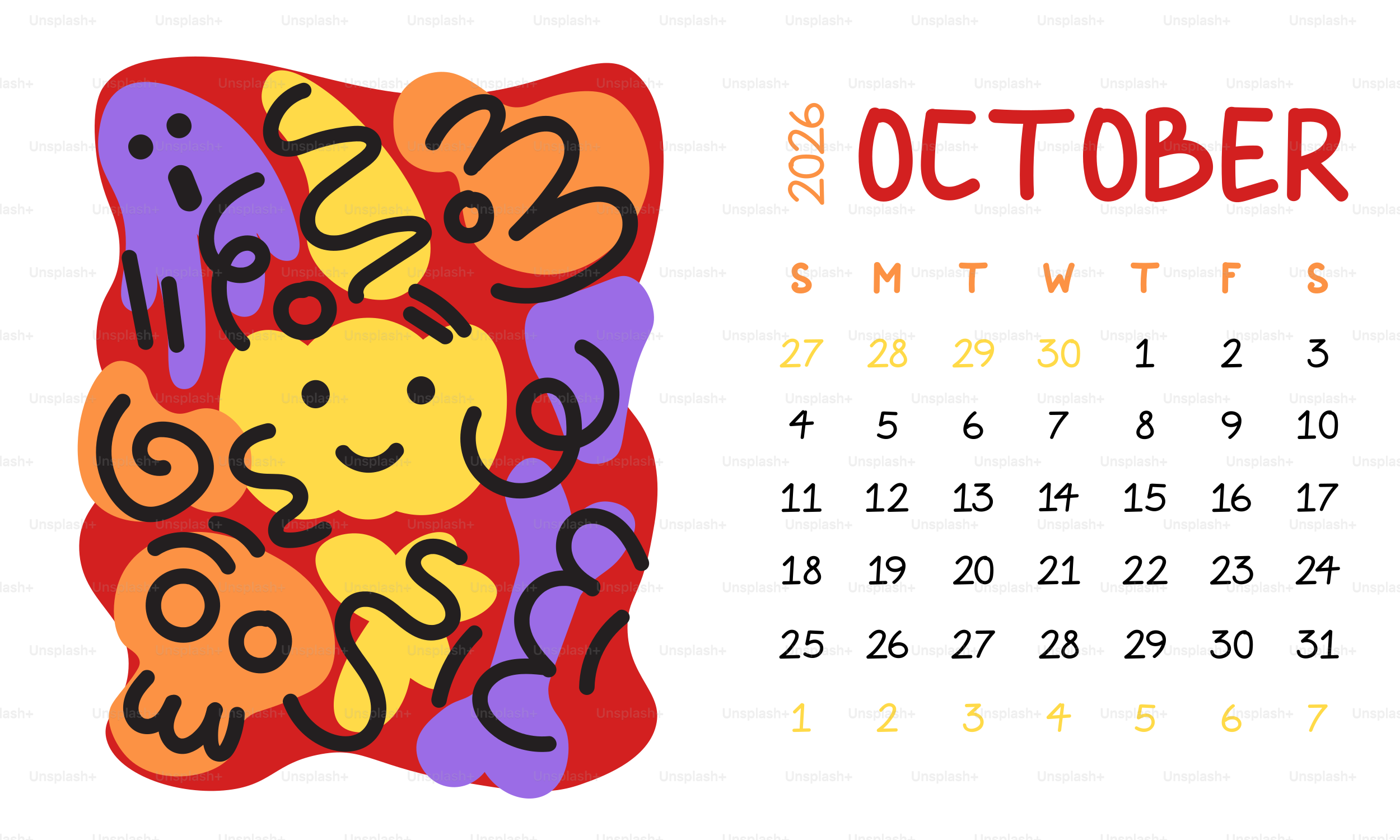 October 2026 calendar with playful halloween doodles