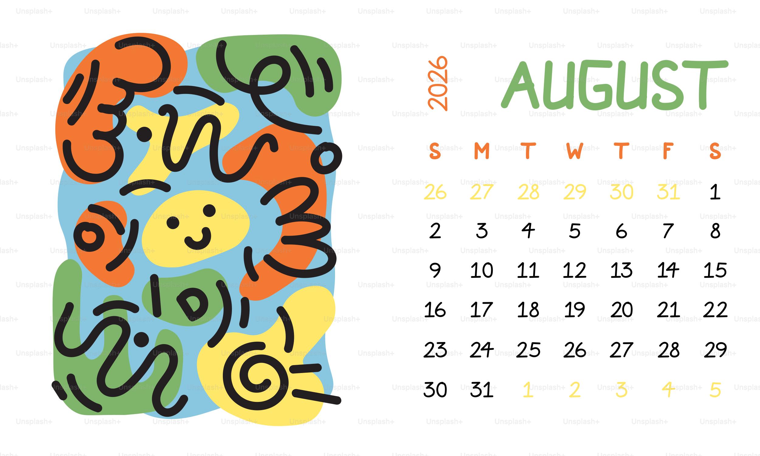 Abstract art and august 2026 calendar