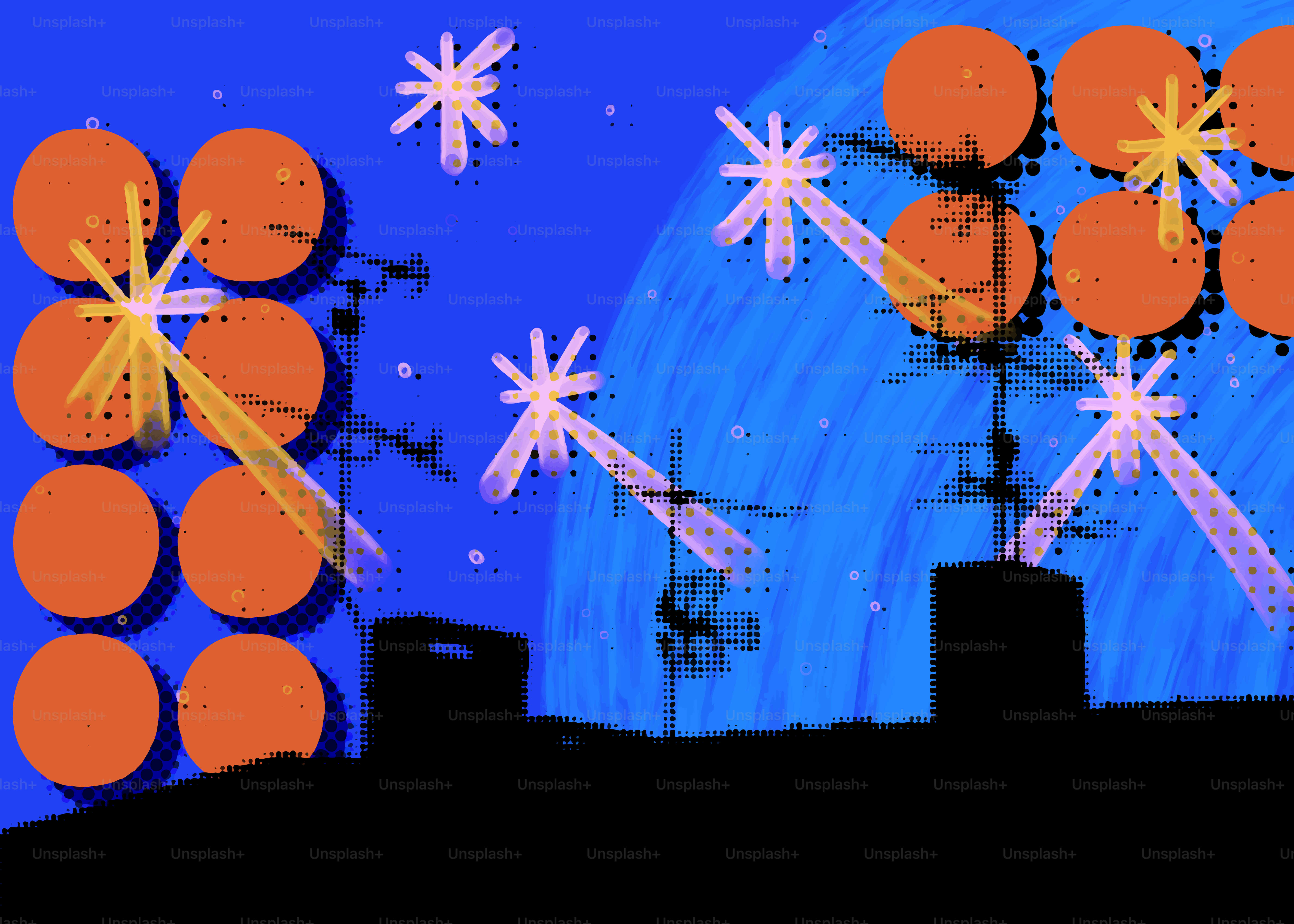 Orangefarbene Kreise und Sternenexplosionen vor blauem Hintergrund.