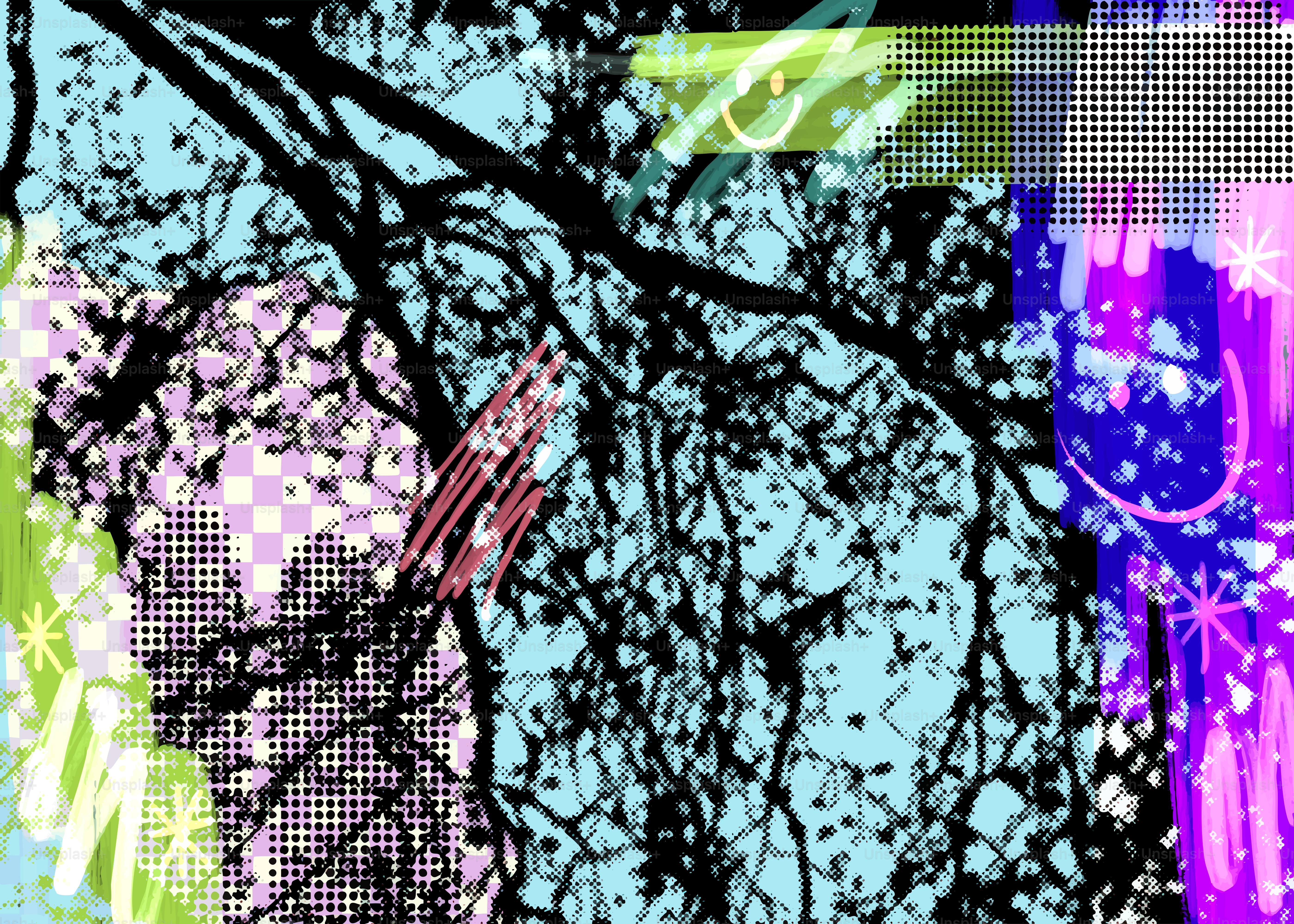 나뭇가지와 다채로운 형태가 있는 추상 미술