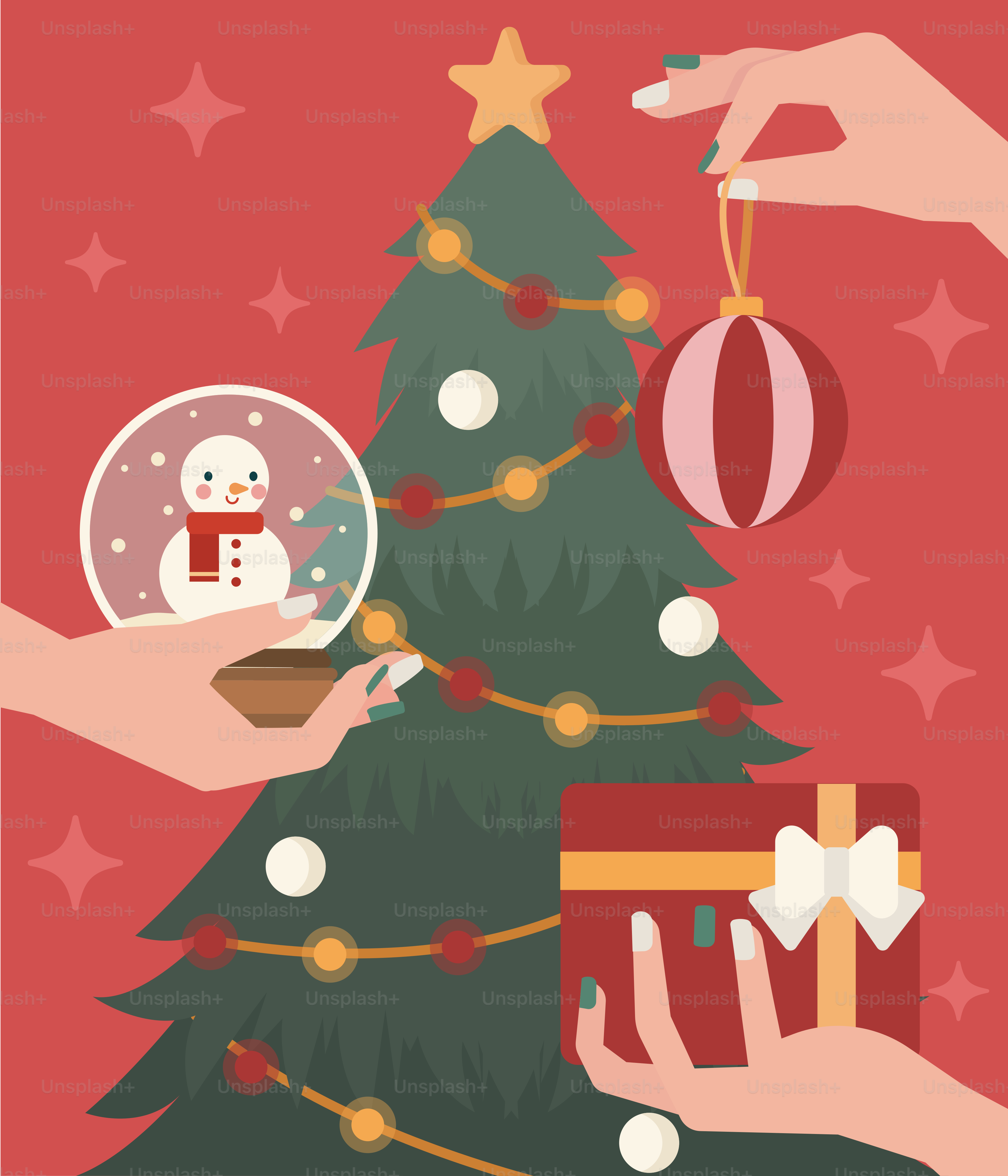 Decorar un árbol de Navidad con adornos y regalos.