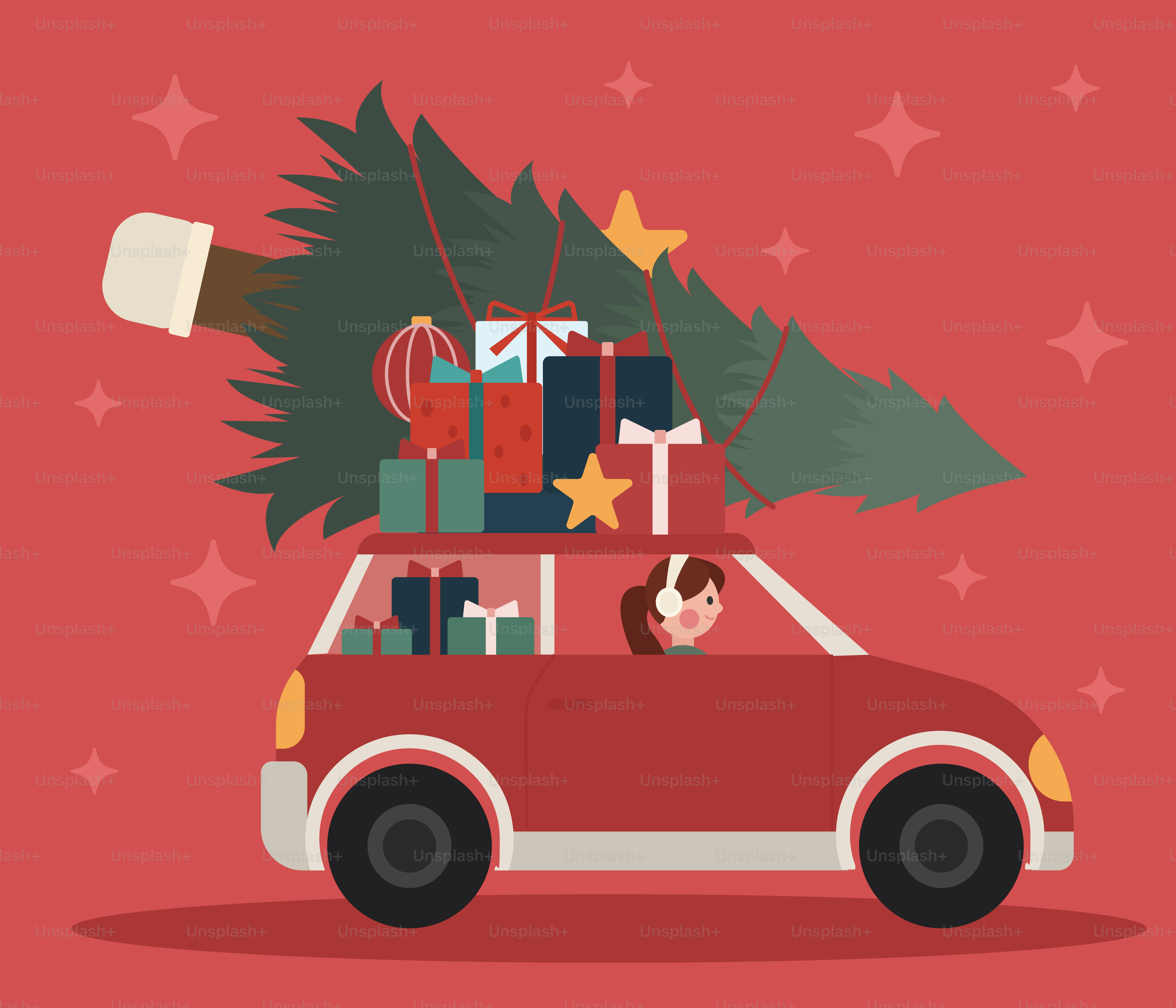 Car loaded with christmas tree and presents