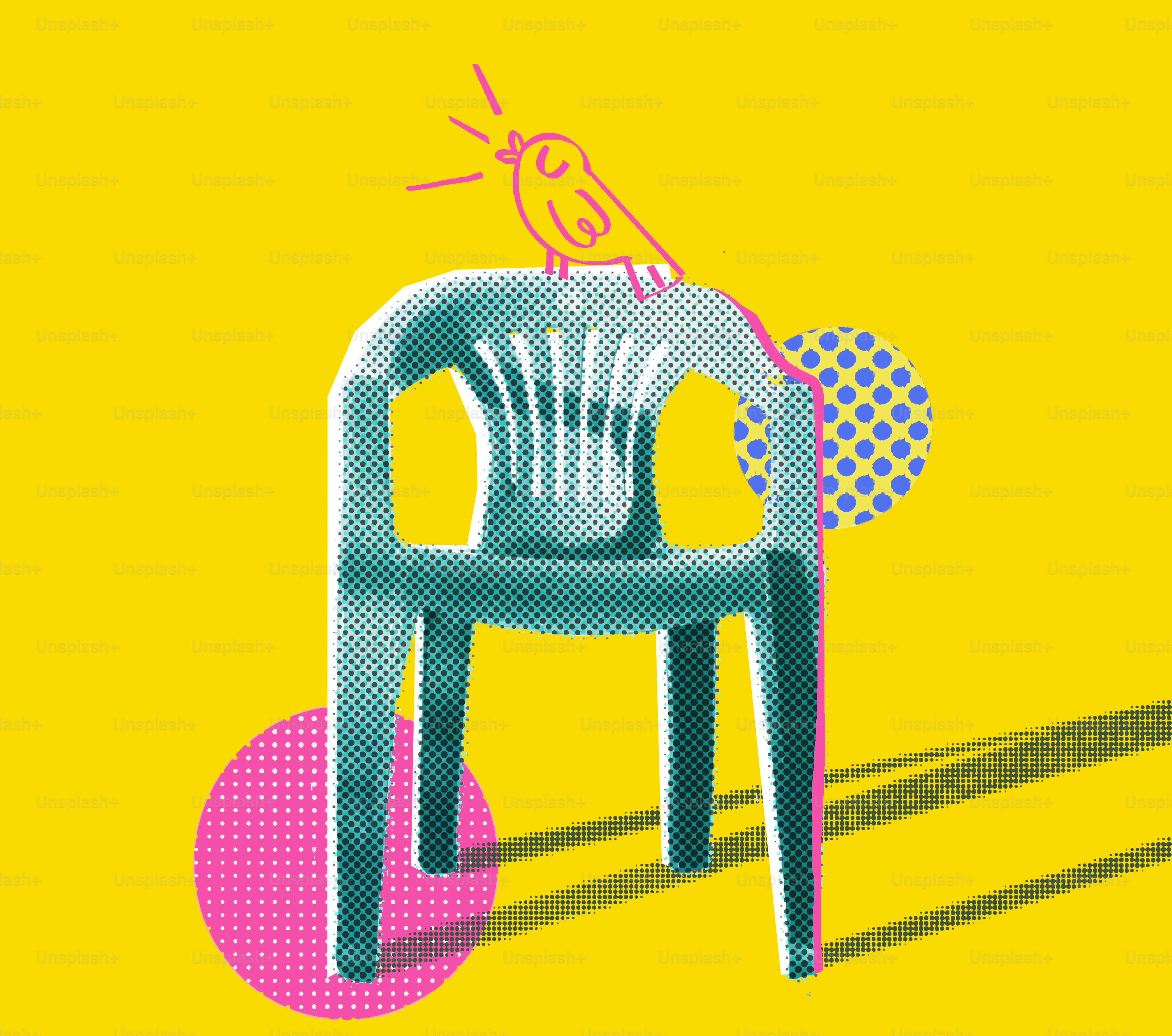 A cartoon bird sings atop a plastic chair.