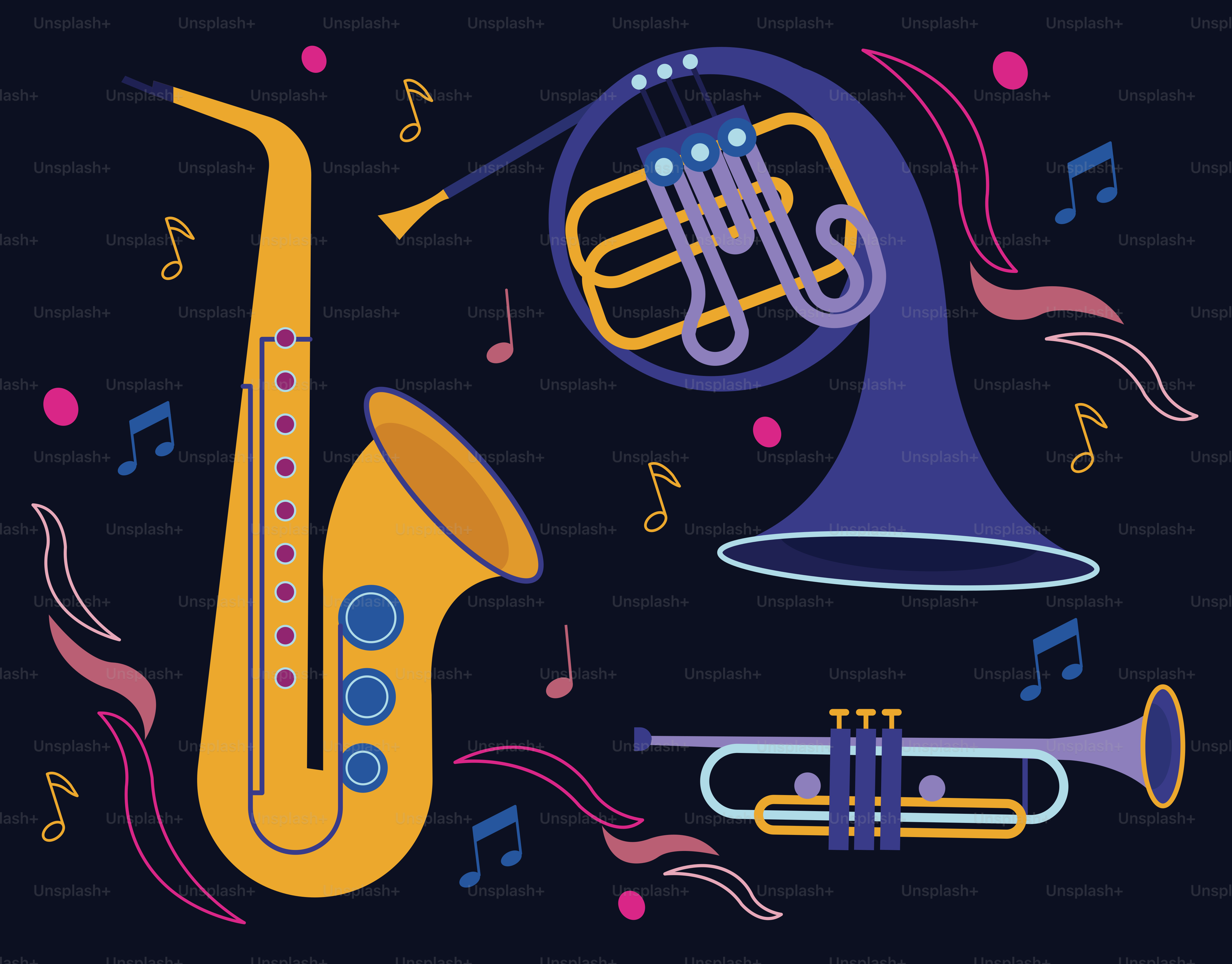 Saxofón, trompa francesa y trompeta con notas musicales.