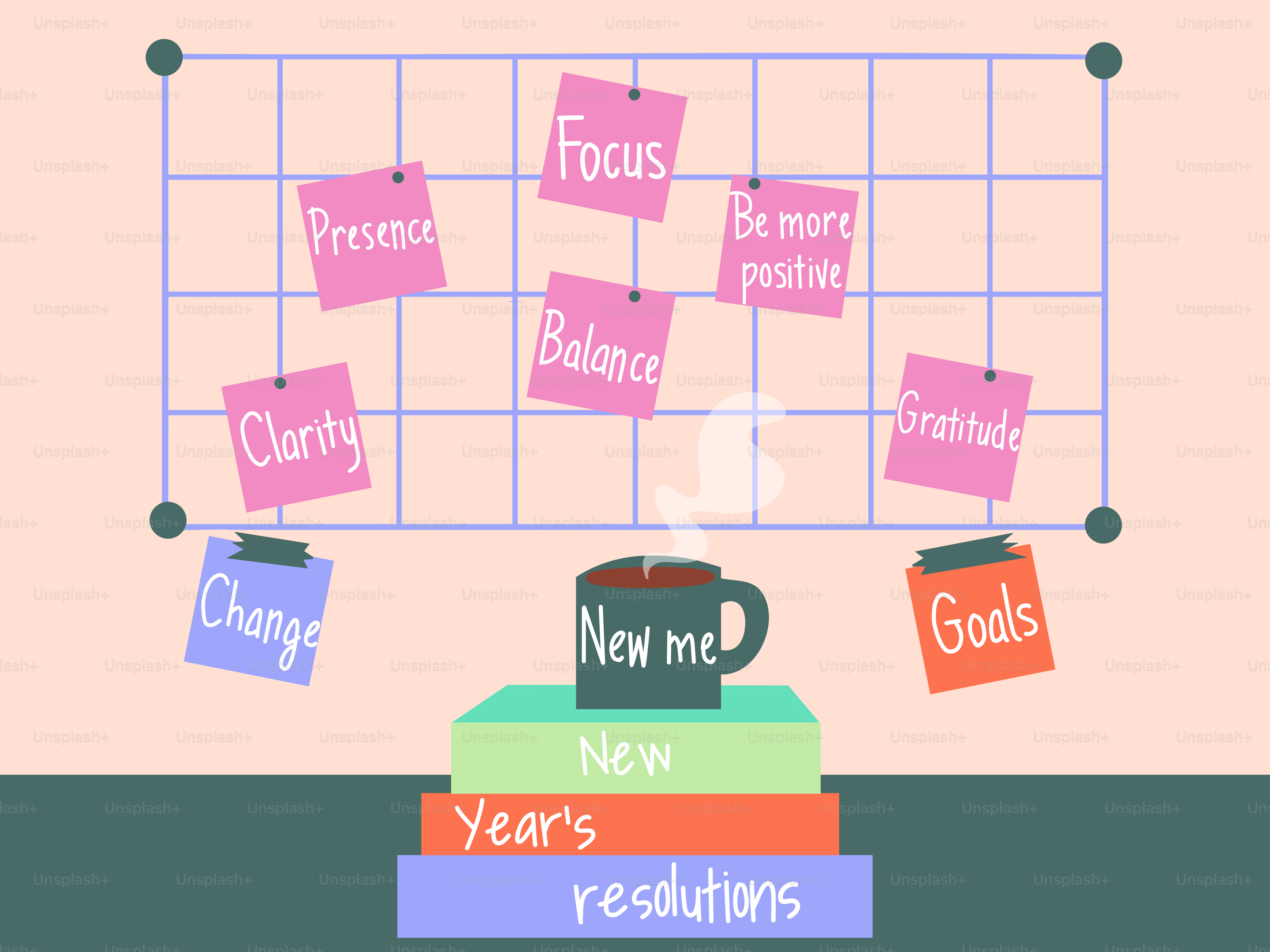 New year's resolutions board with goals and affirmations.