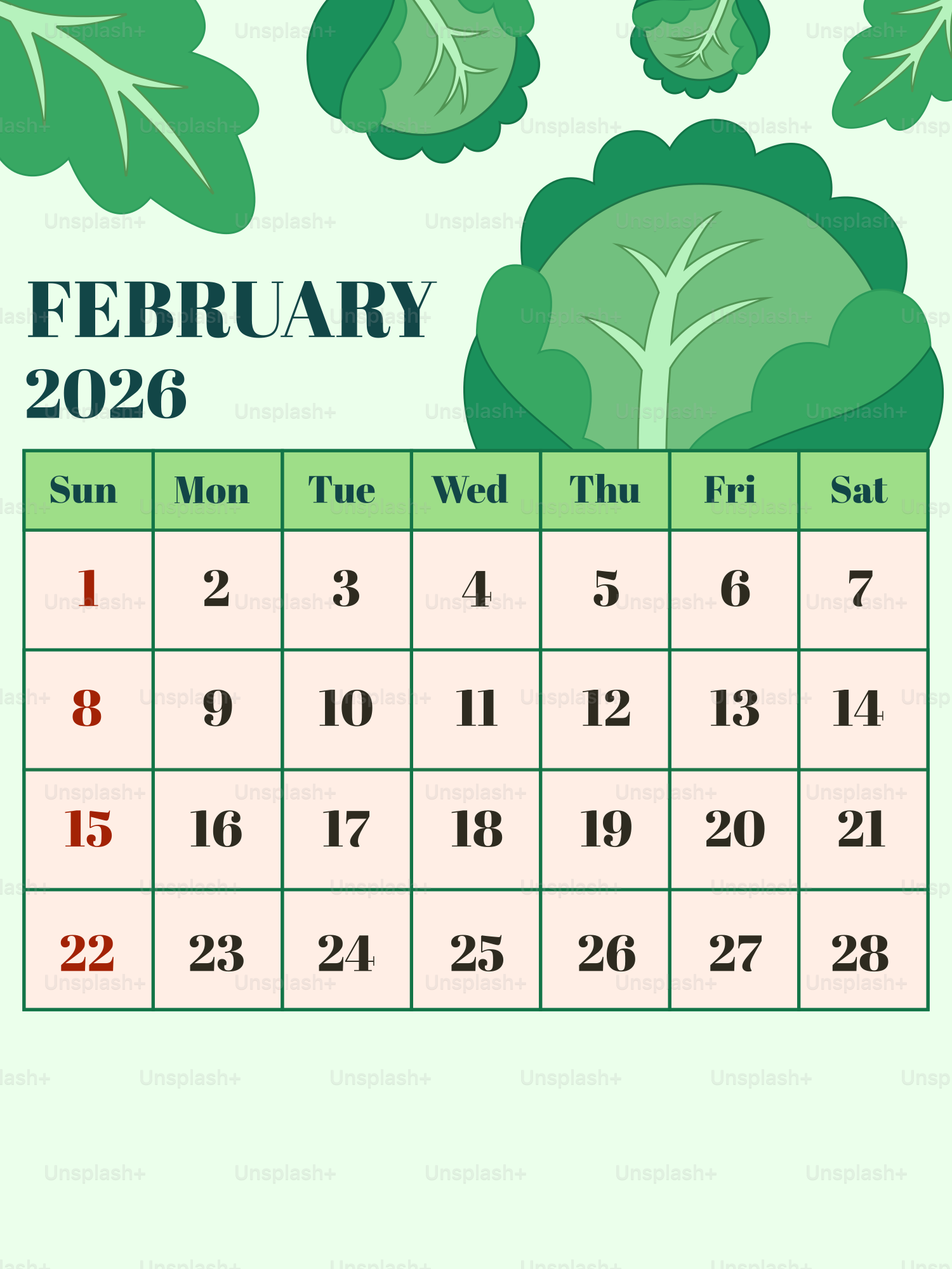 February 2026 calendar with green cabbage illustrations.