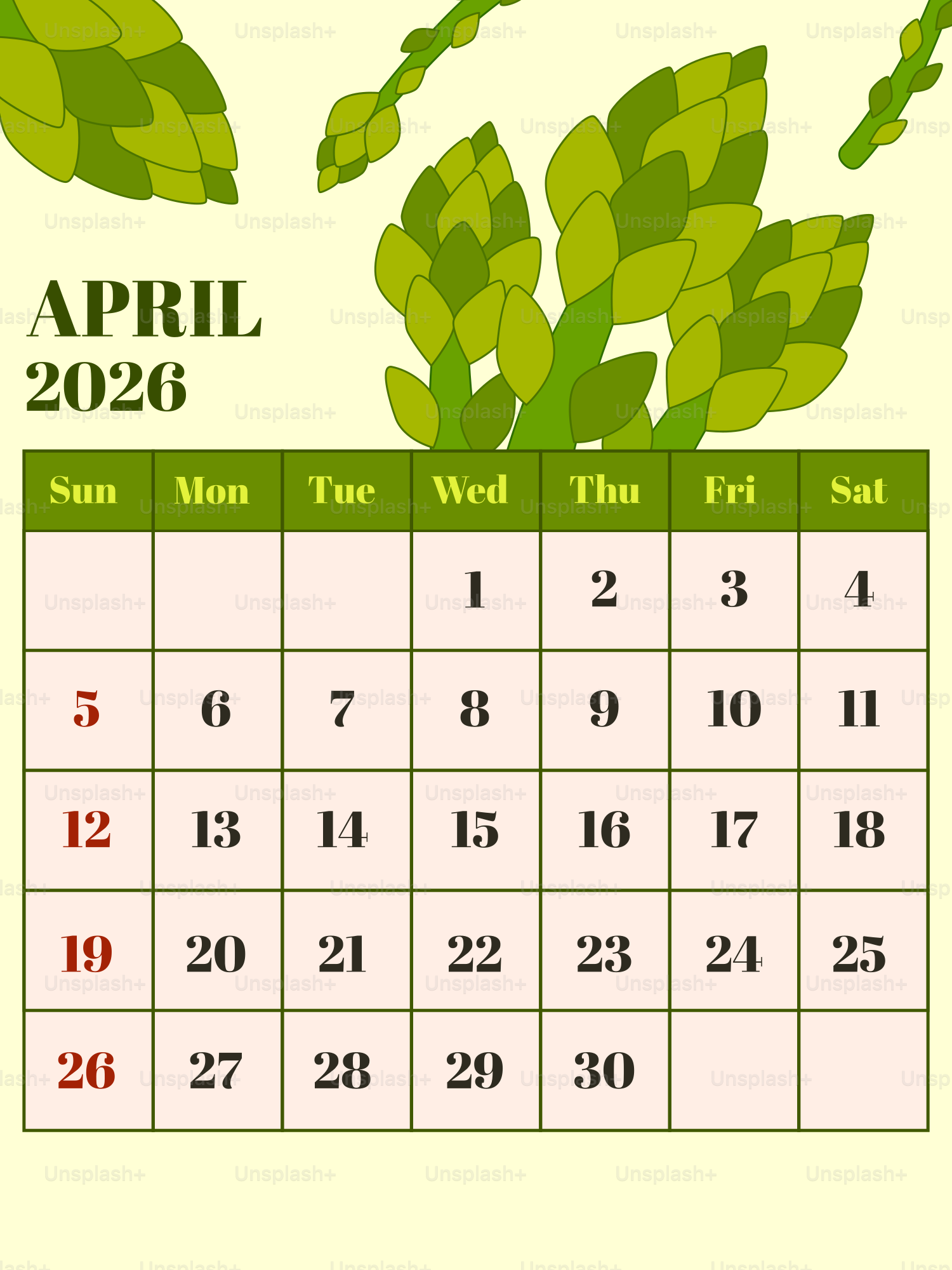 2026년 4월 달력, 아스파라거스 삽화
