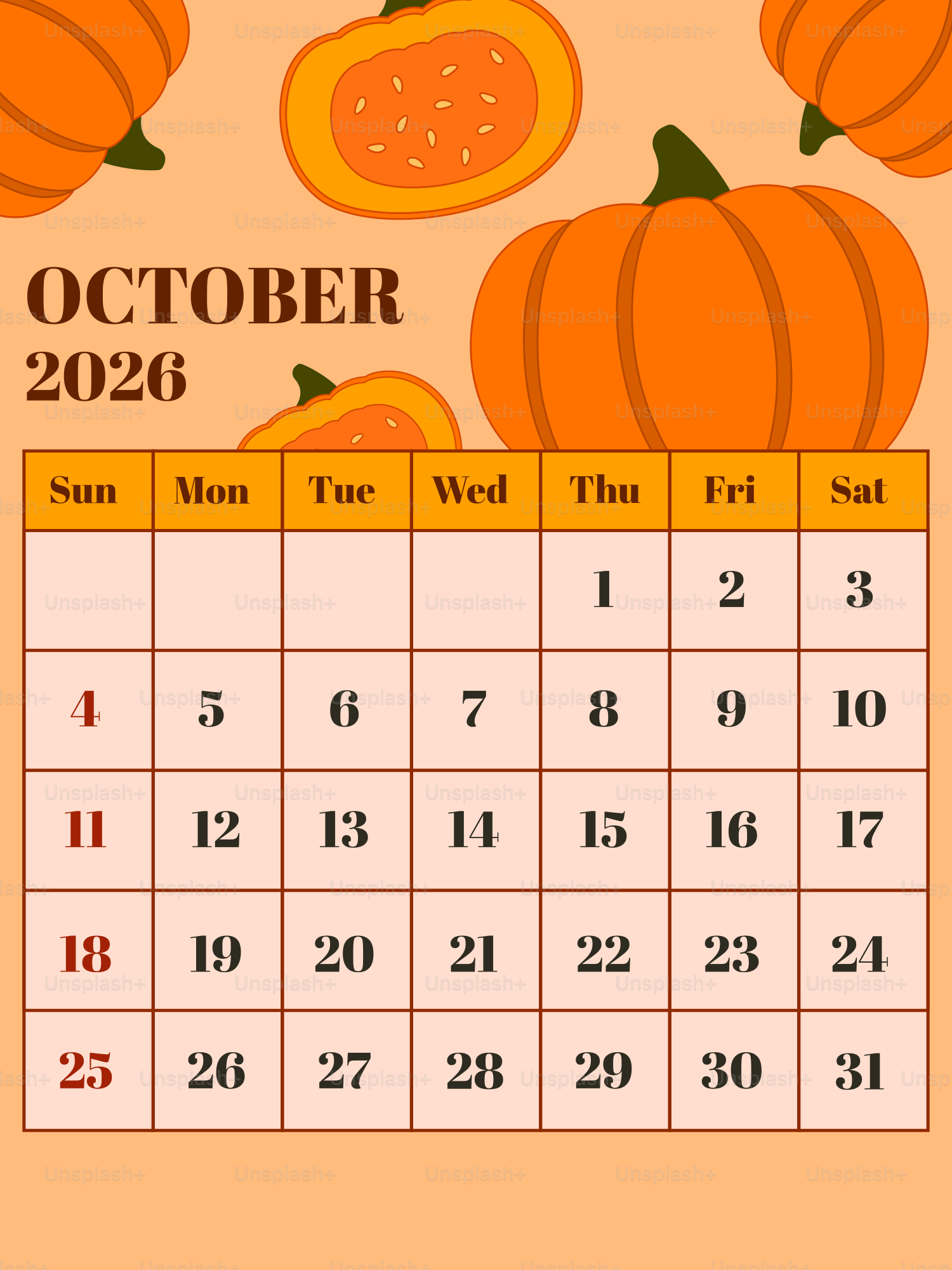 October 2026 calendar with pumpkins