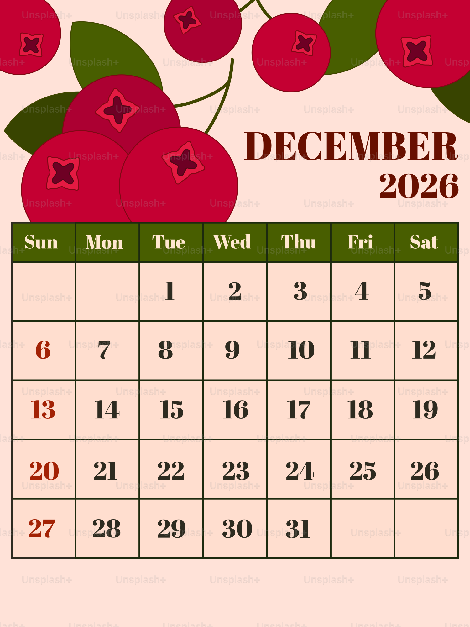 Vektor Kalender Desember 2026 dengan cranberry dan cranberry – Gambar ...