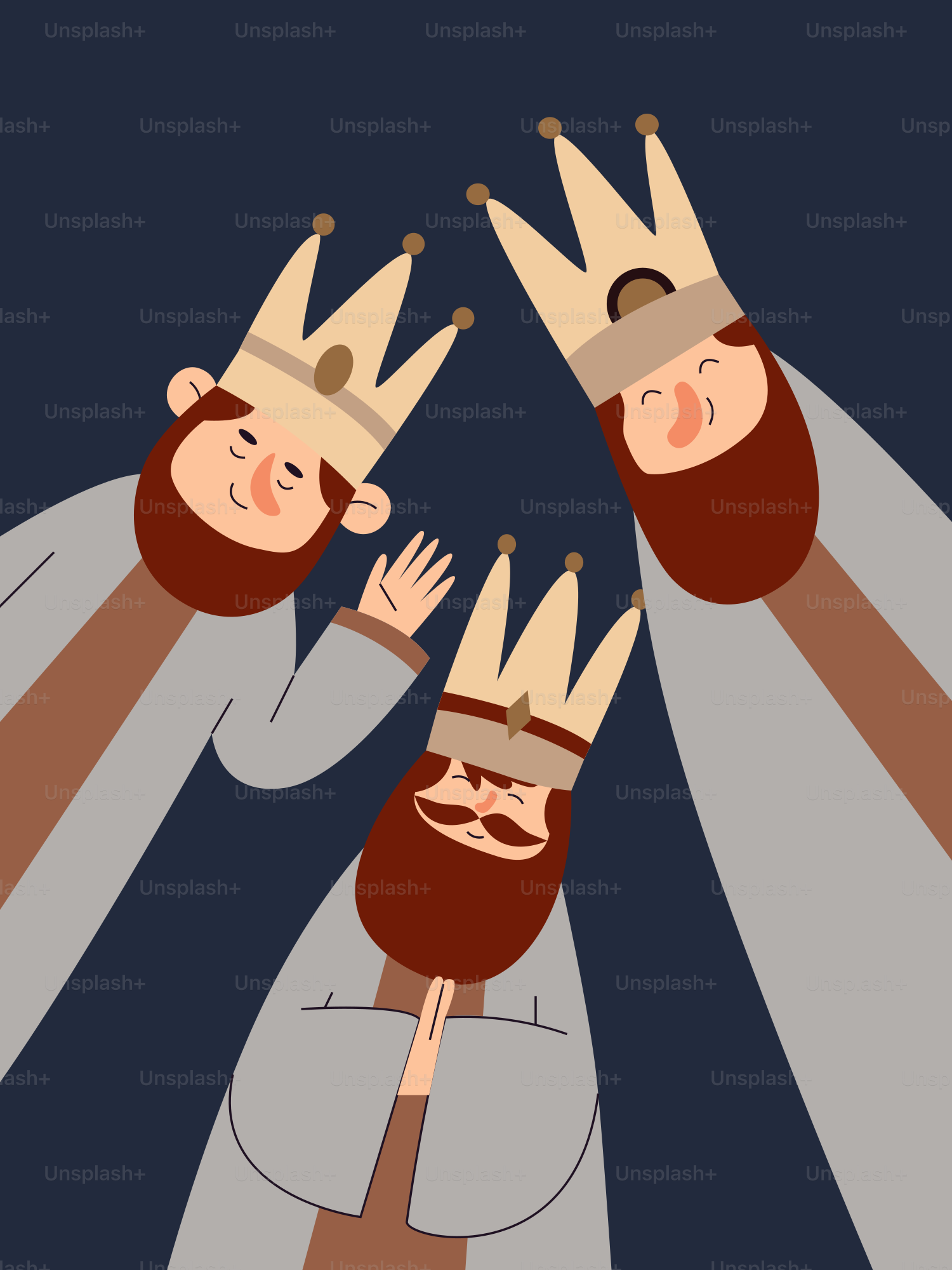 Tres reyes con coronas sobre un fondo oscuro