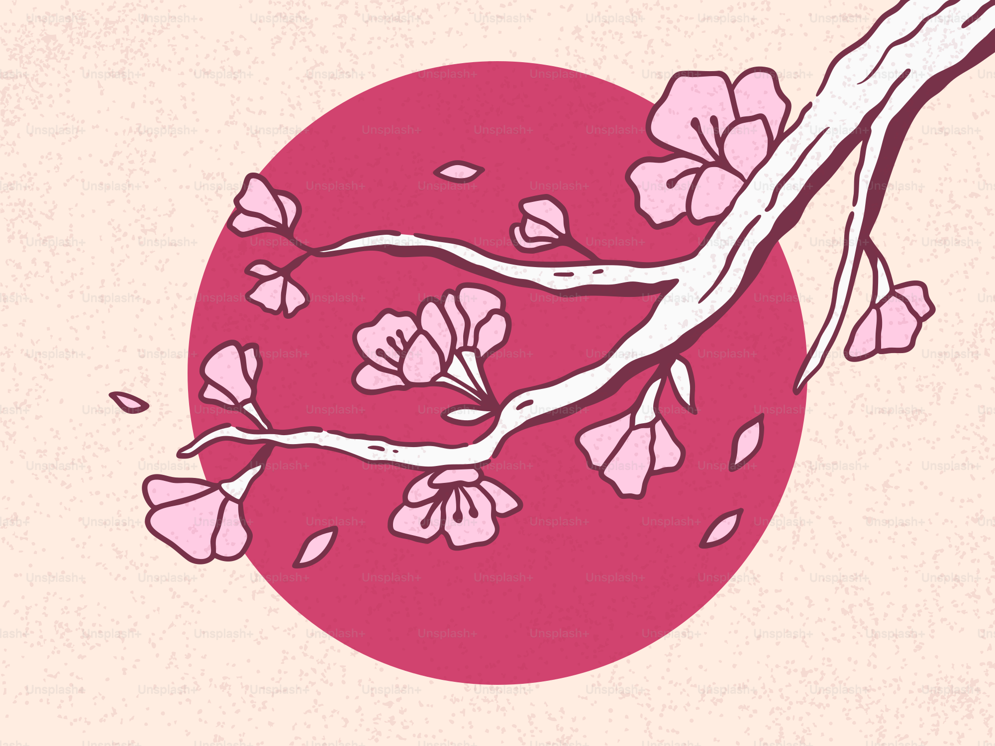 Cherry blossoms on a branch against a red sun.
