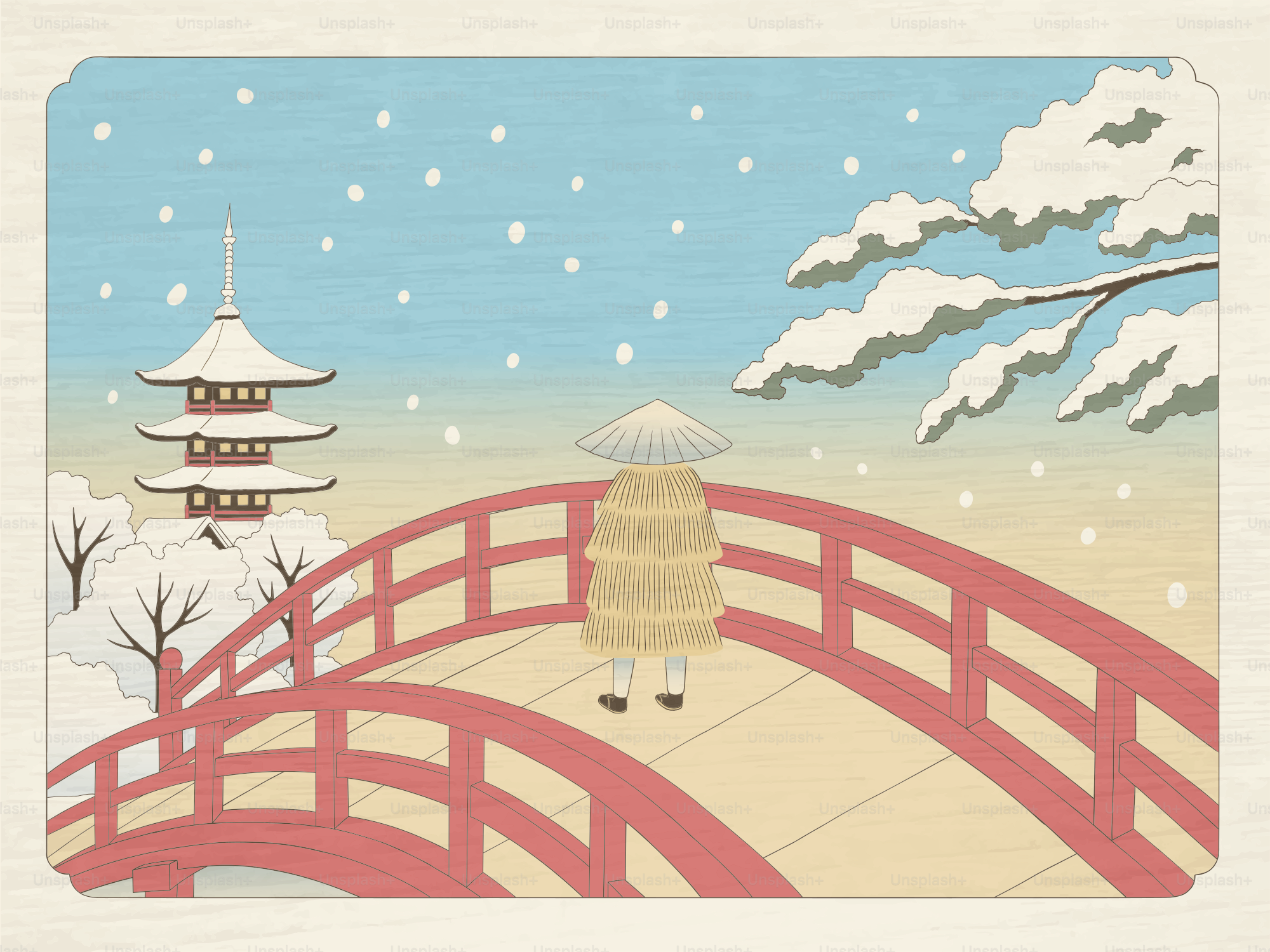 Person crosses a snowy bridge towards a pagoda.